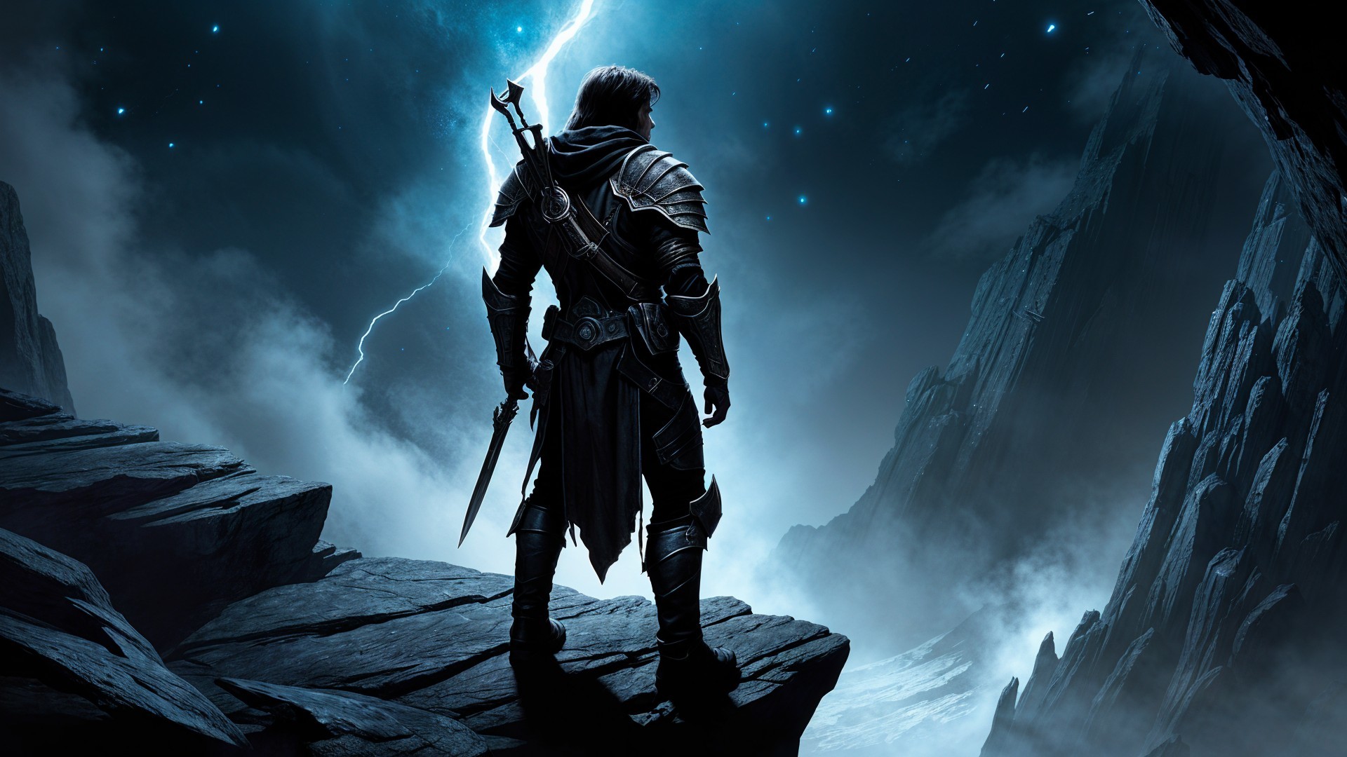Solitary Warrior on Rocky Ledge Under Stormy Sky