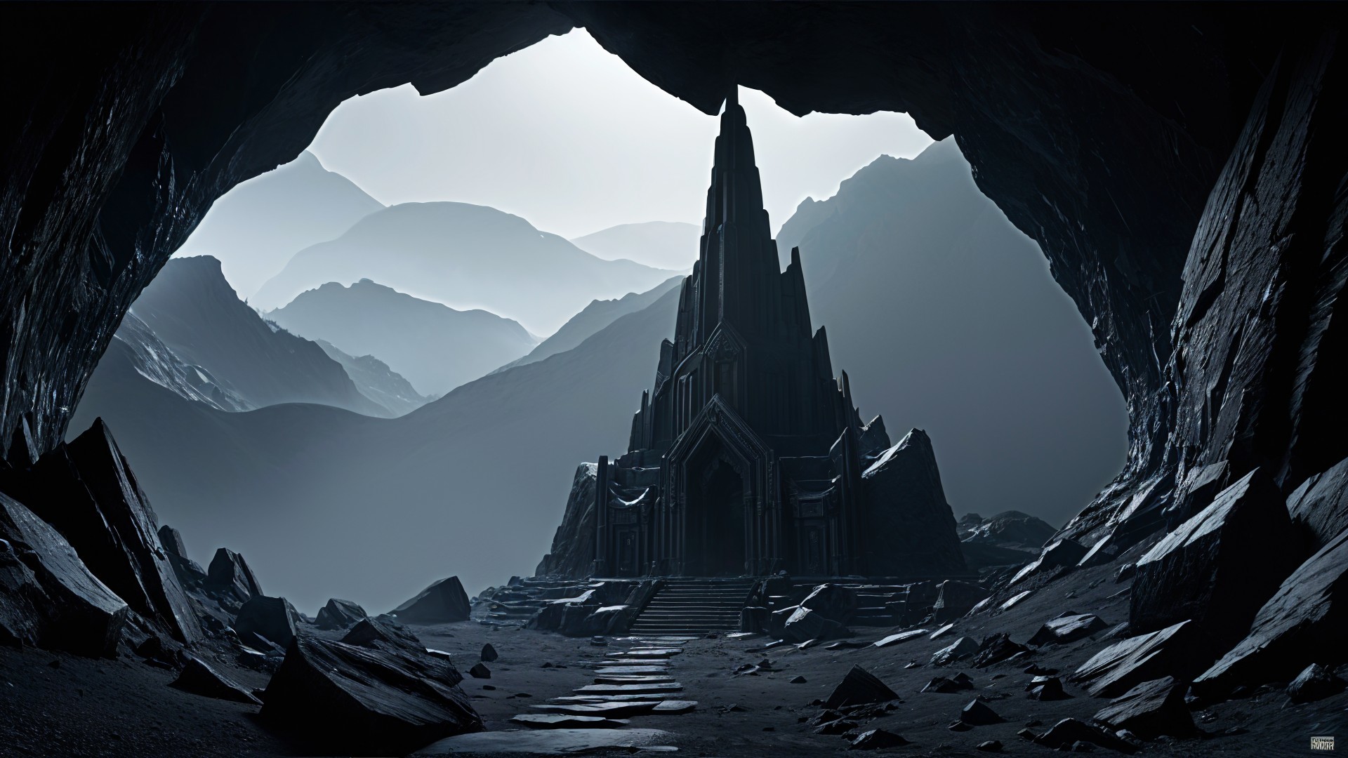 Gothic temple in a dimly lit cave with carvings