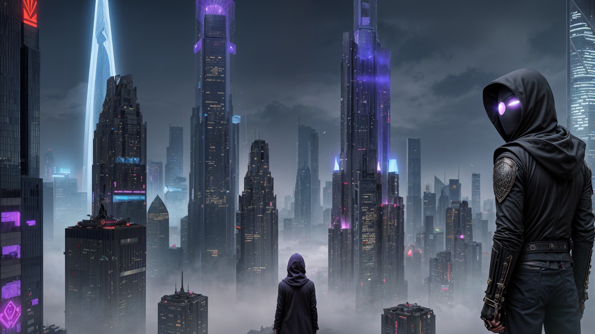 Futuristic cityscape with neon lights and cloaked figures