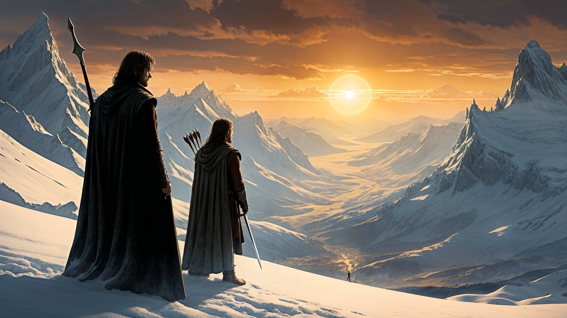 Cloaked Figures in a Mountain Sunset Landscape