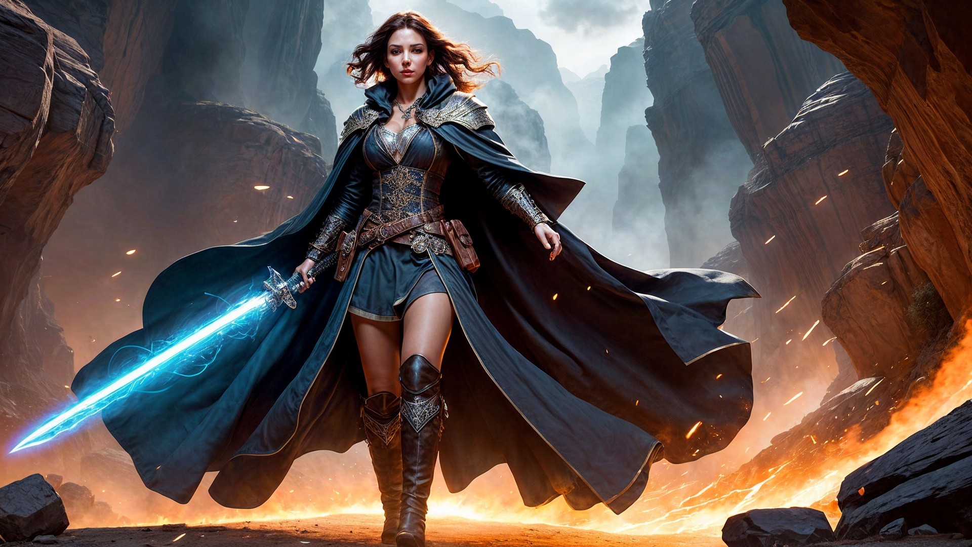 Fierce Warrior in Dramatic Landscape with Blue Sword