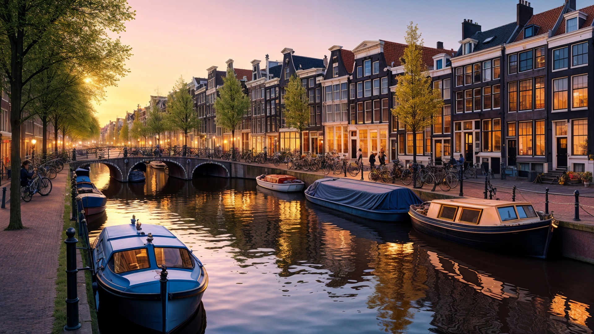 Twilight Canal Scene with Dutch Architecture and Boats