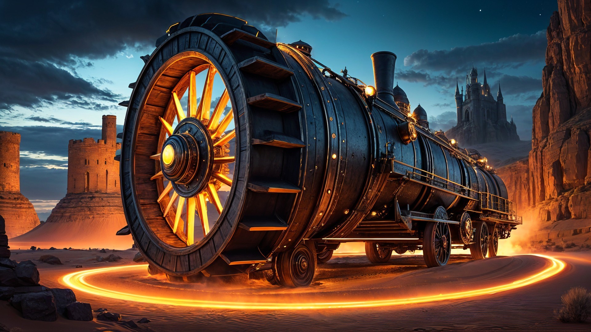 Steampunk Locomotive with Glowing Wheel at Twilight