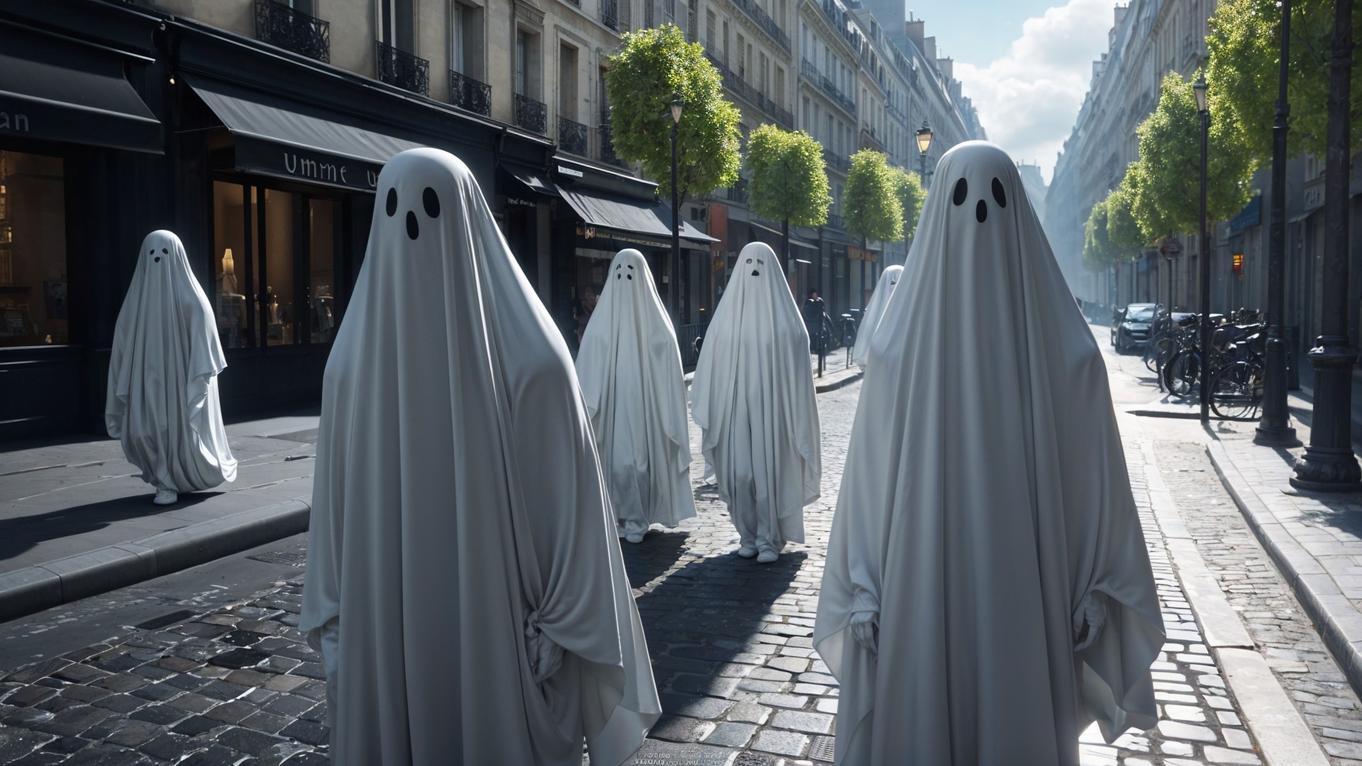 Quiet European Street with Ghostly Figures and Trees