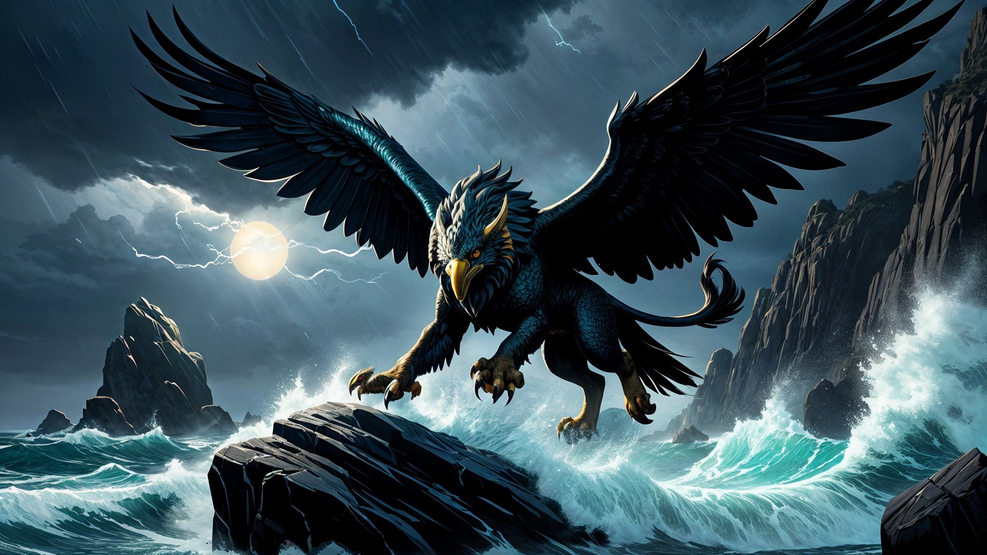 Griffin on Rocky Outcrop Under Stormy Sky