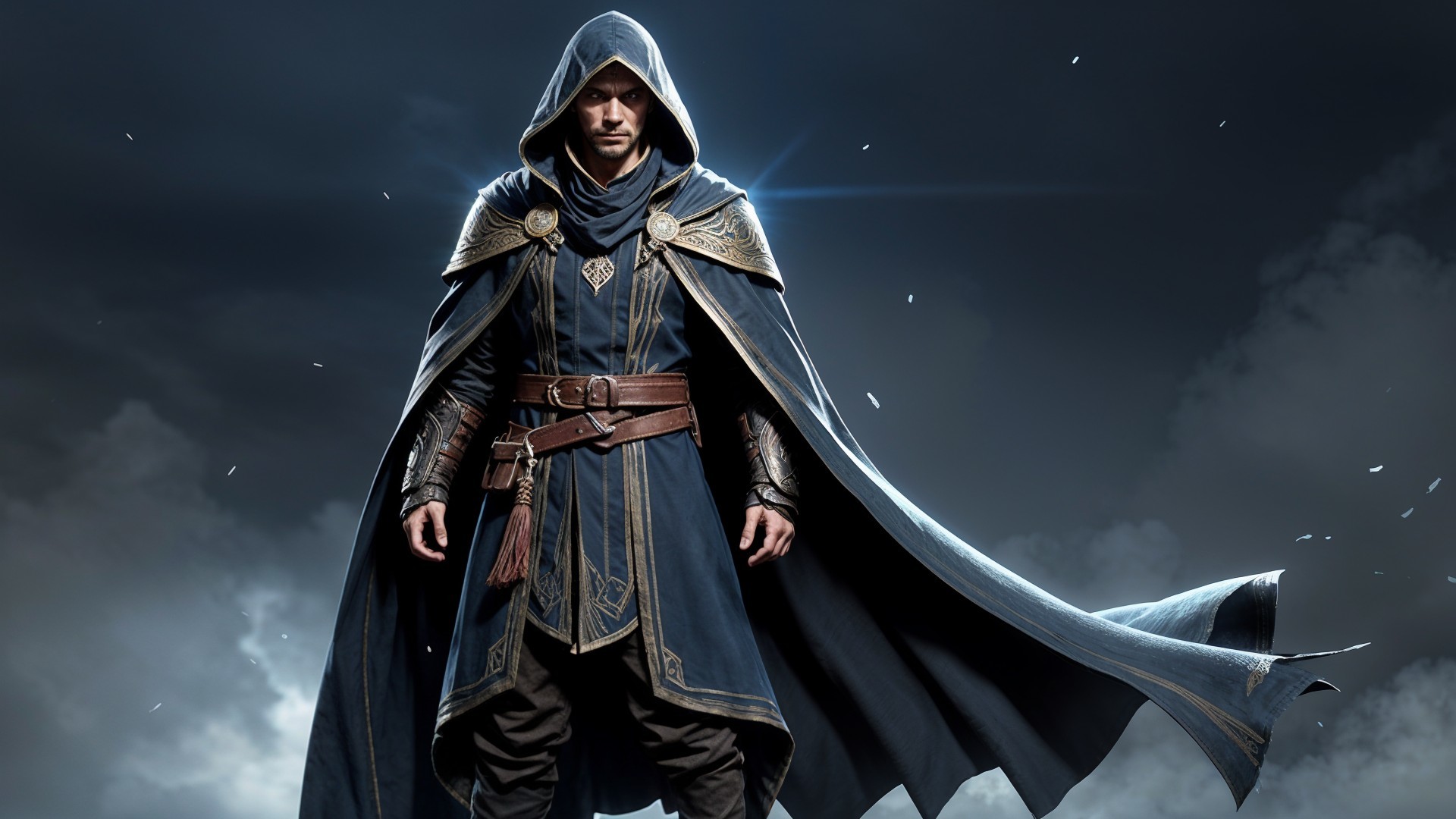 Cloaked Figure in Blue Robe Against Dark Background