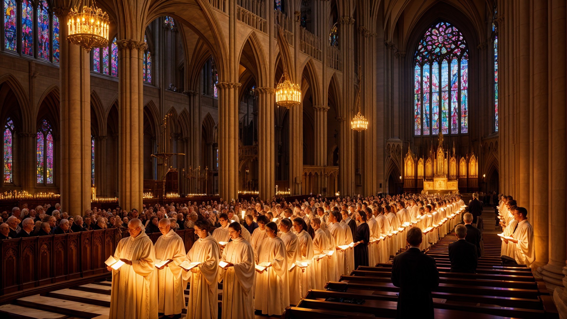Clergy and Congregation in Grand Cathedral Setting