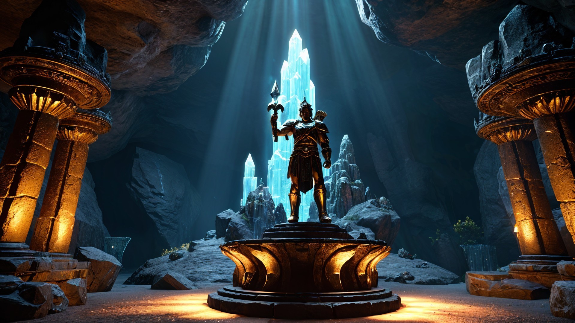 Statue of a Warrior in a Mystical Cavern Setting