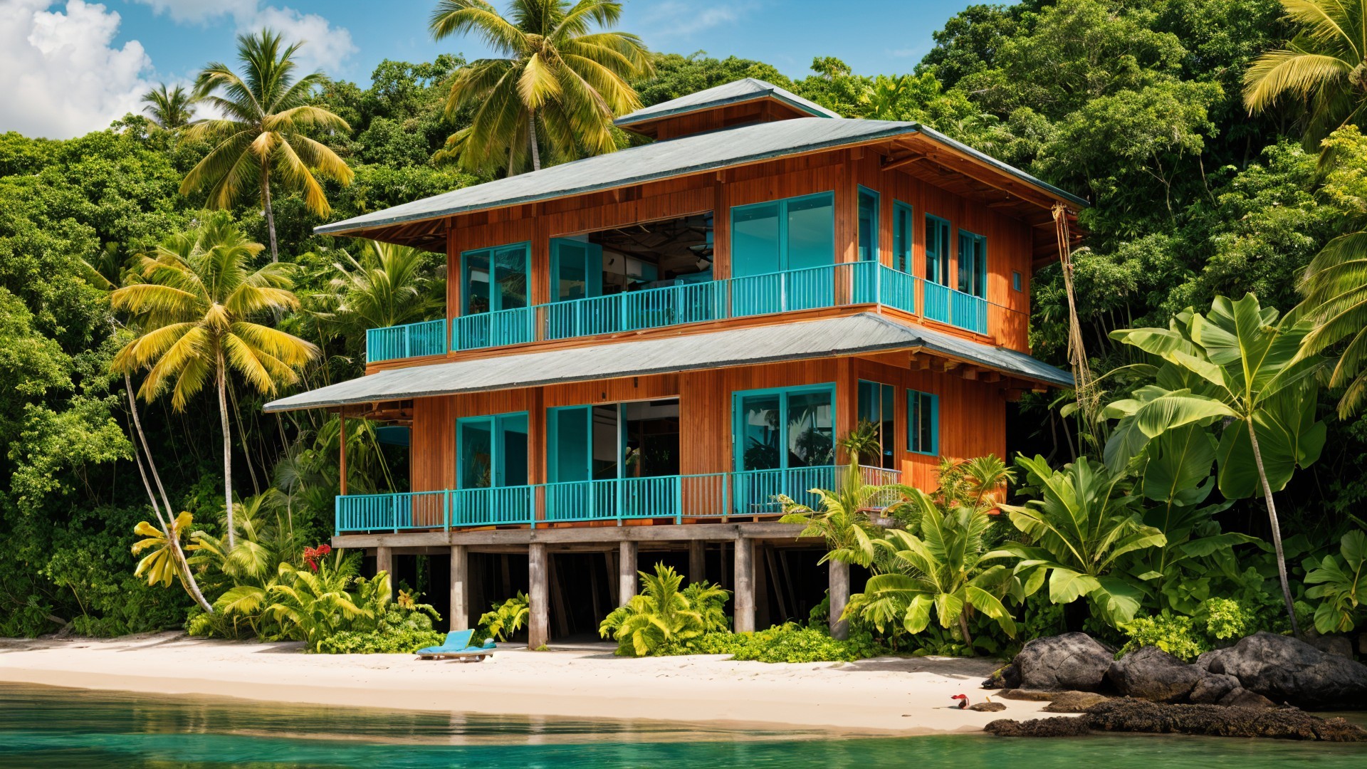 Tropical Beachhouse Surrounded by Lush Foliage