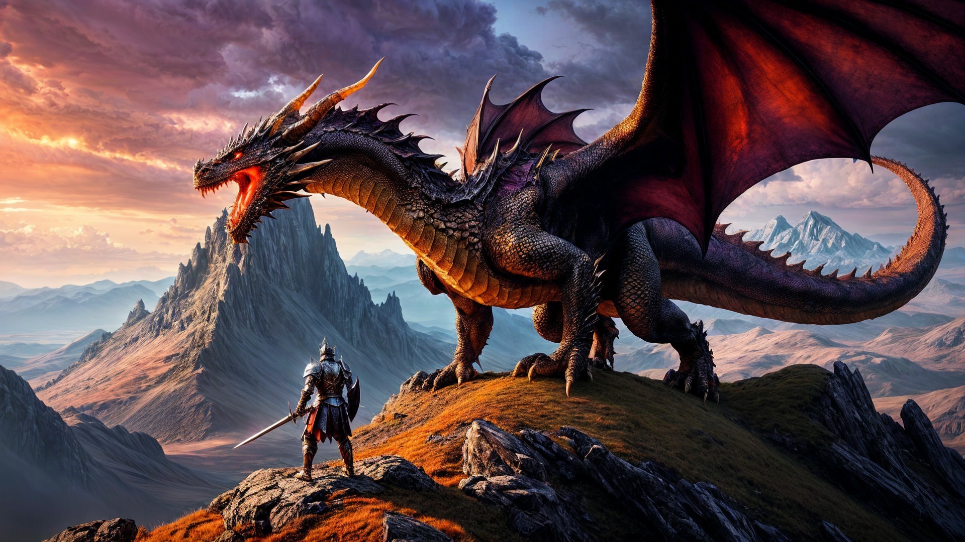 Dragon and Knight in Fantasy Landscape at Sunset