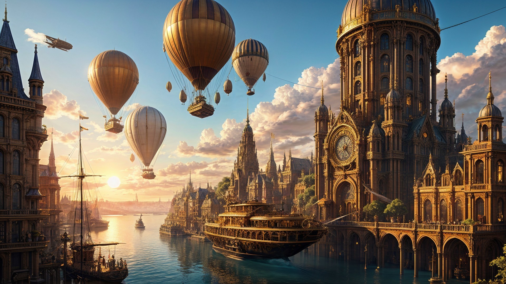 Fantastical Cityscape with Steampunk Elements at Sunset