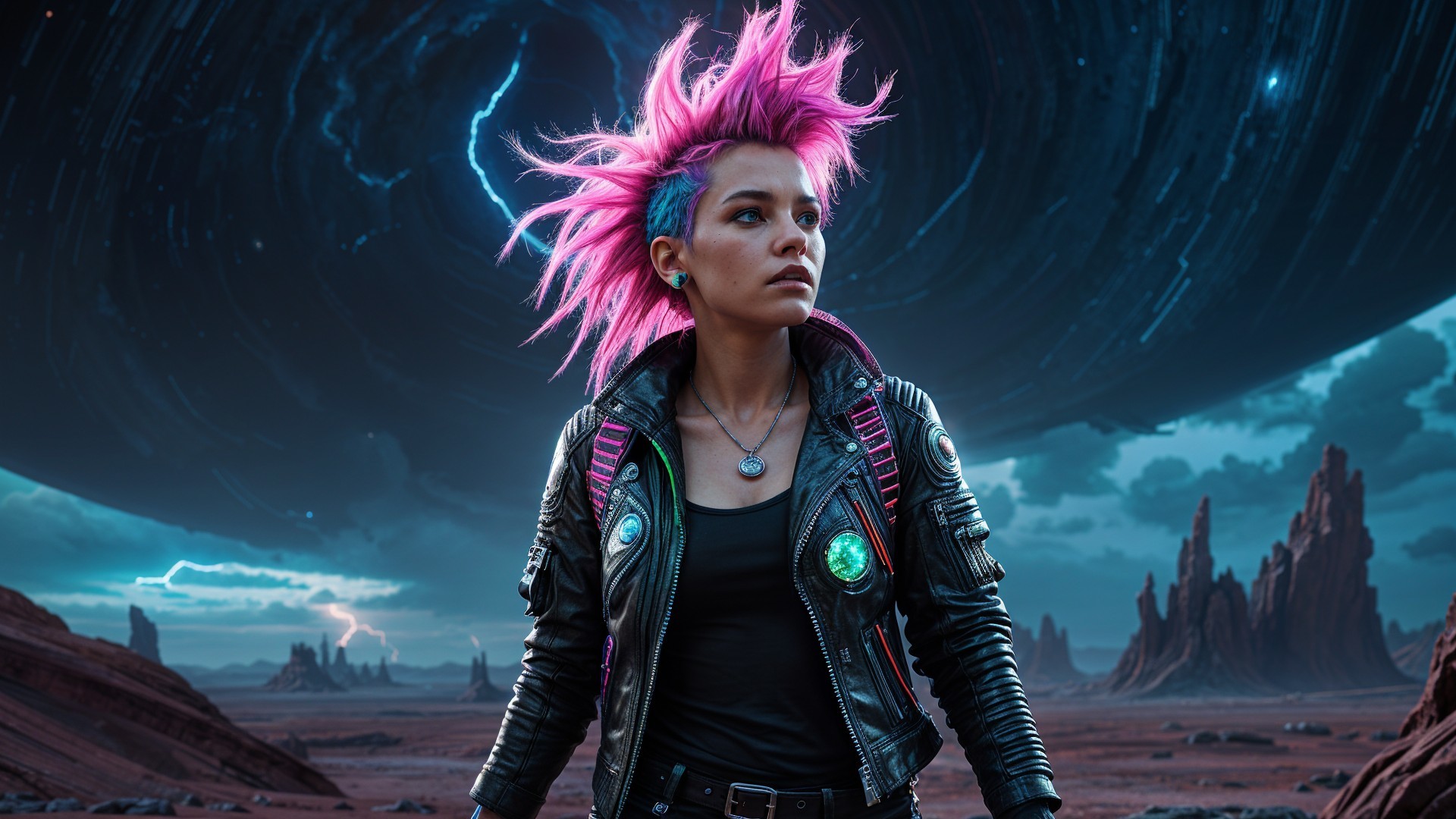 Cosmic Scene with Bold Character and Vibrant Colors