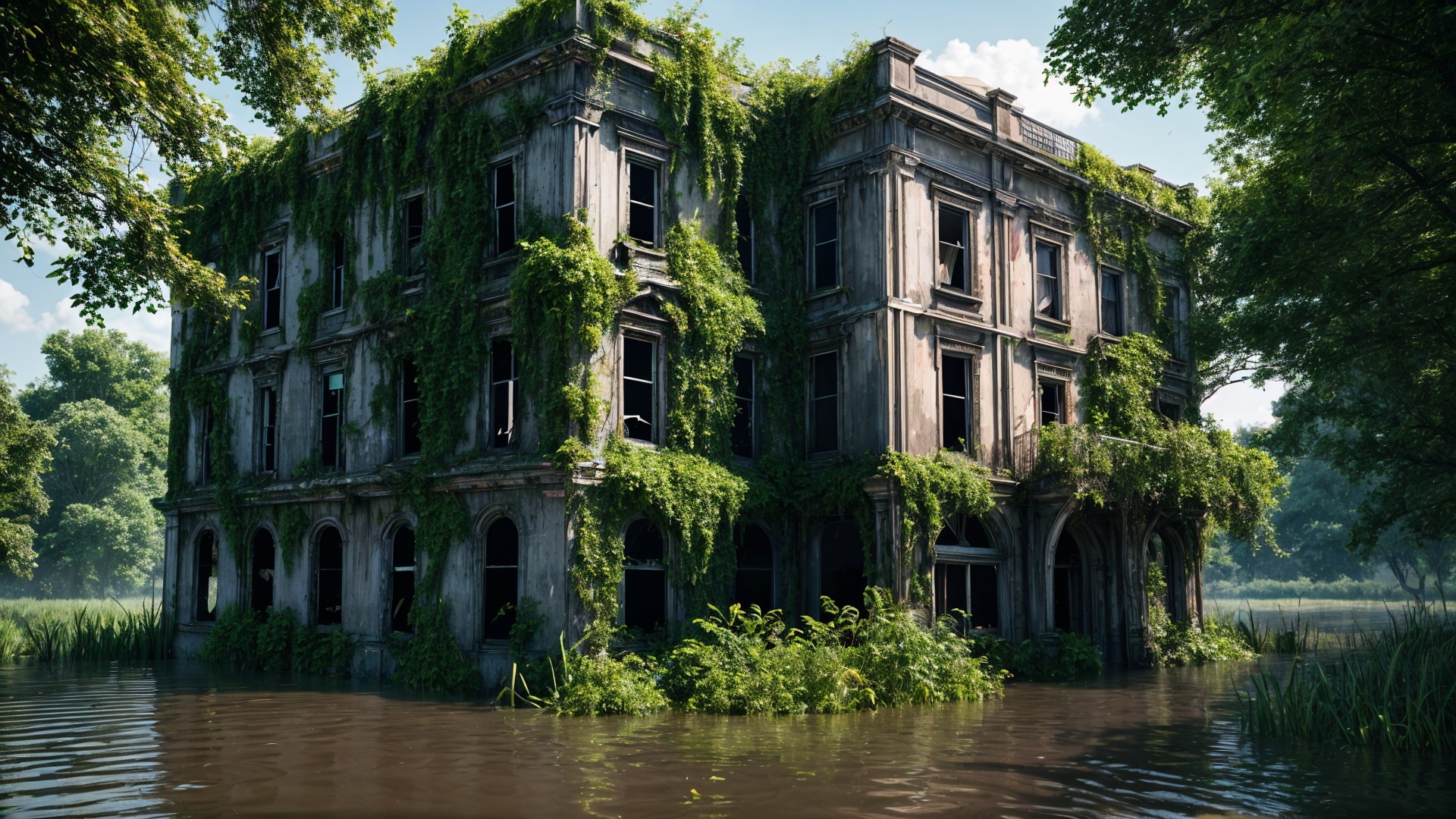 Dilapidated Two-Story Building in Overgrown Landscape