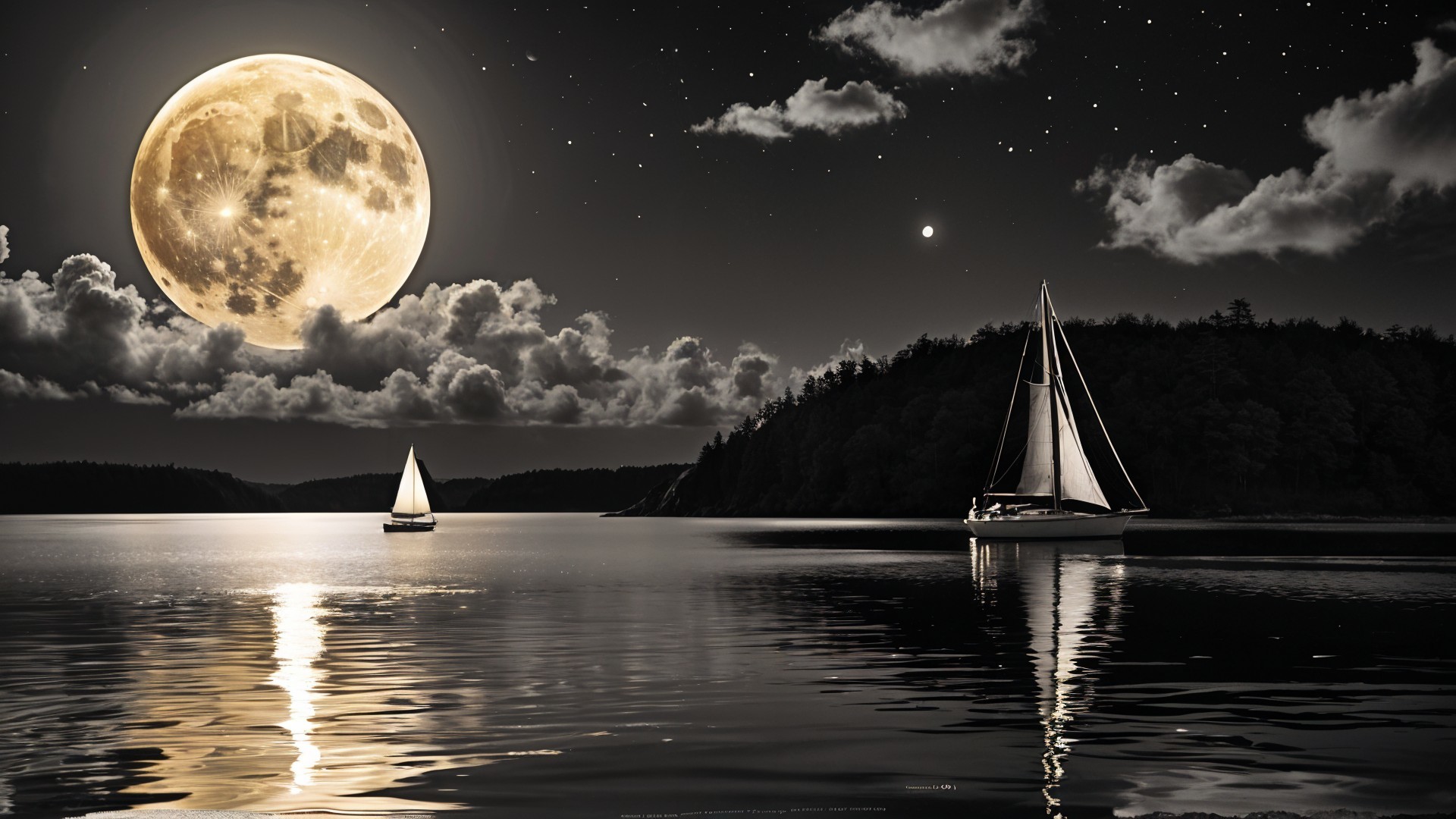Sailboats on Reflective Water Under Full Moonlight