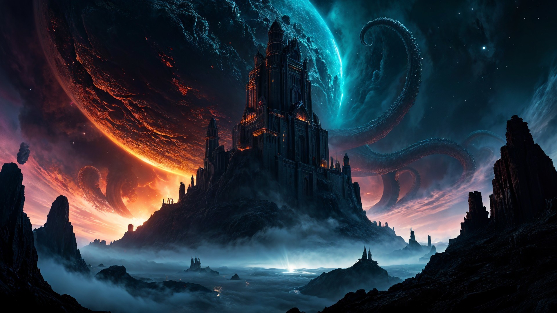 Mystical fortress in dark landscape with cosmic backdrop
