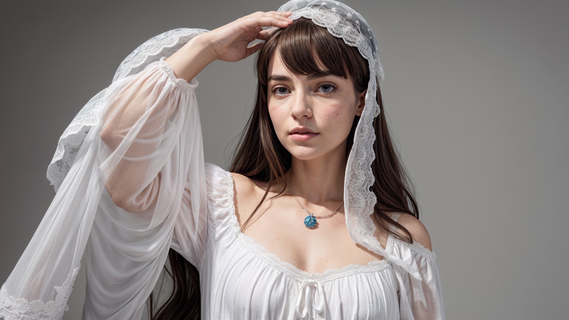 Young woman in white dress with lace and blue pendant