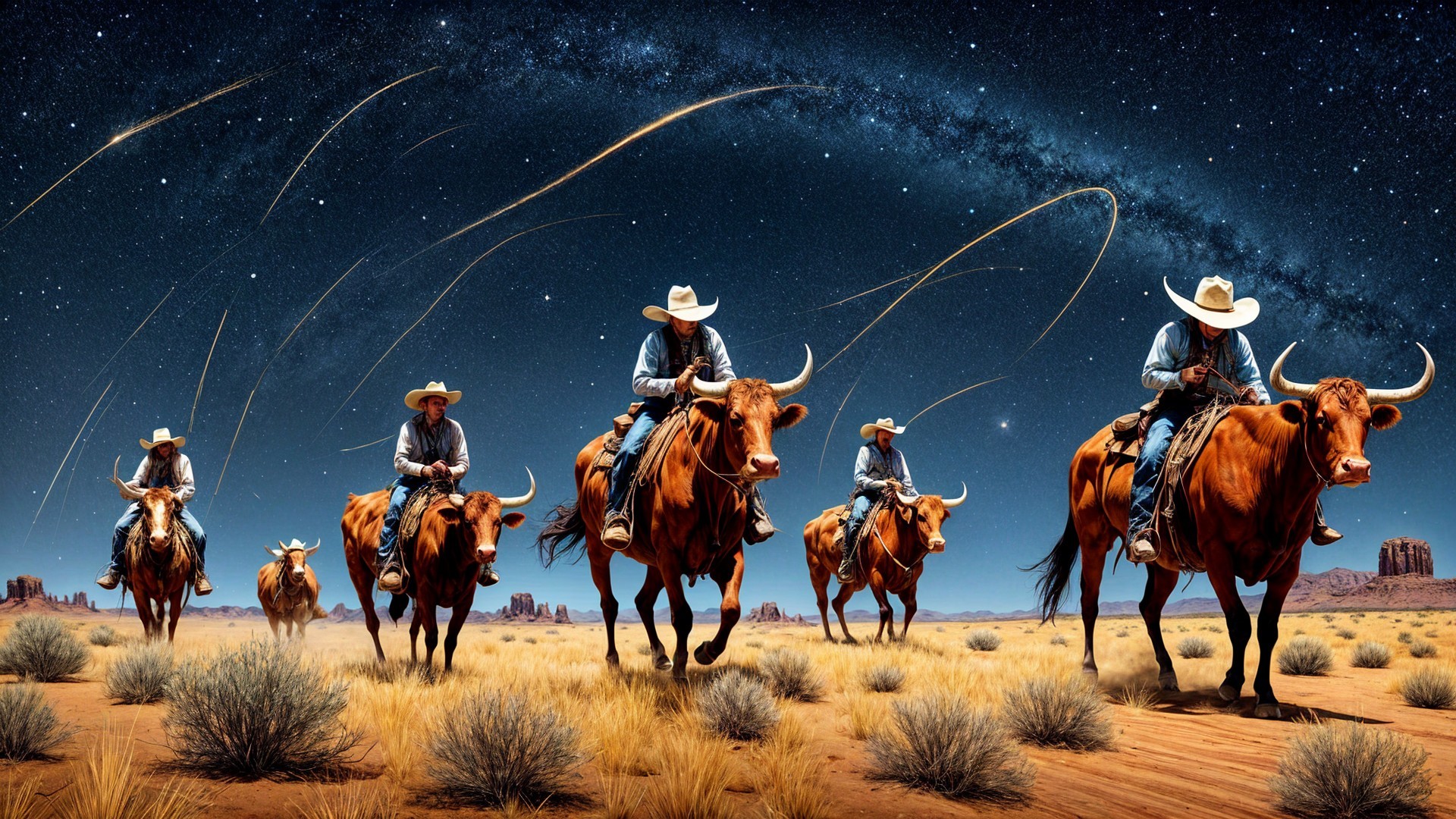 Cowboys Herding Cattle Under Starry Desert Sky