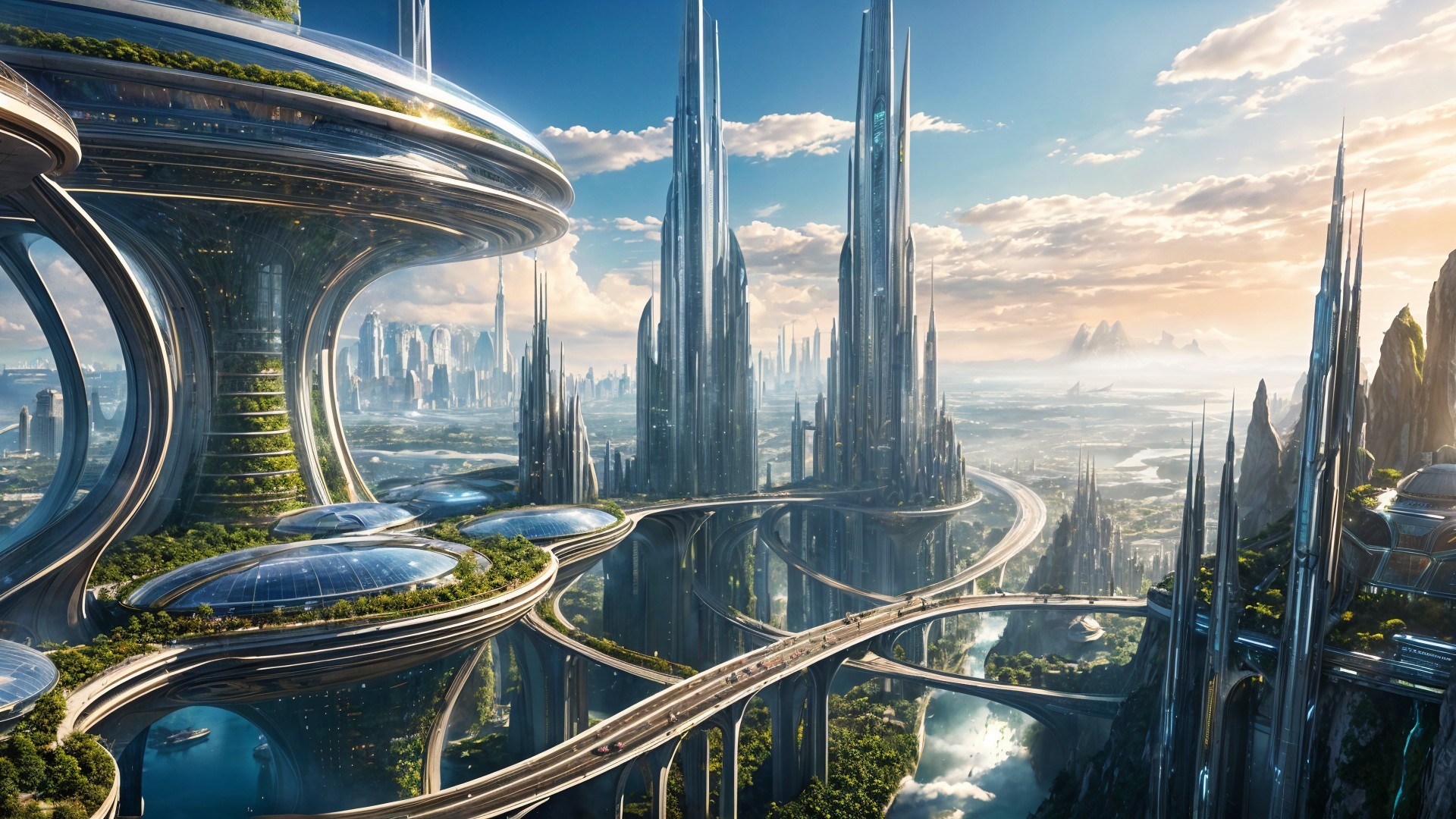 Futuristic cityscape with skyscrapers and greenery