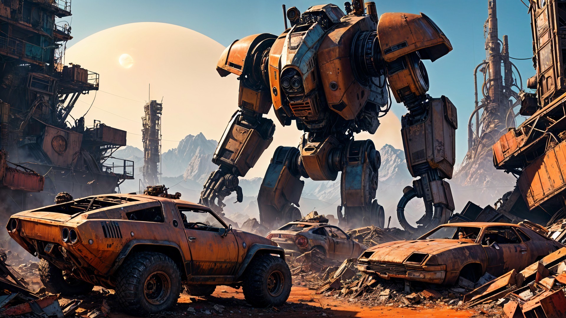 Colossal Orange Mech in Post-Apocalyptic Landscape