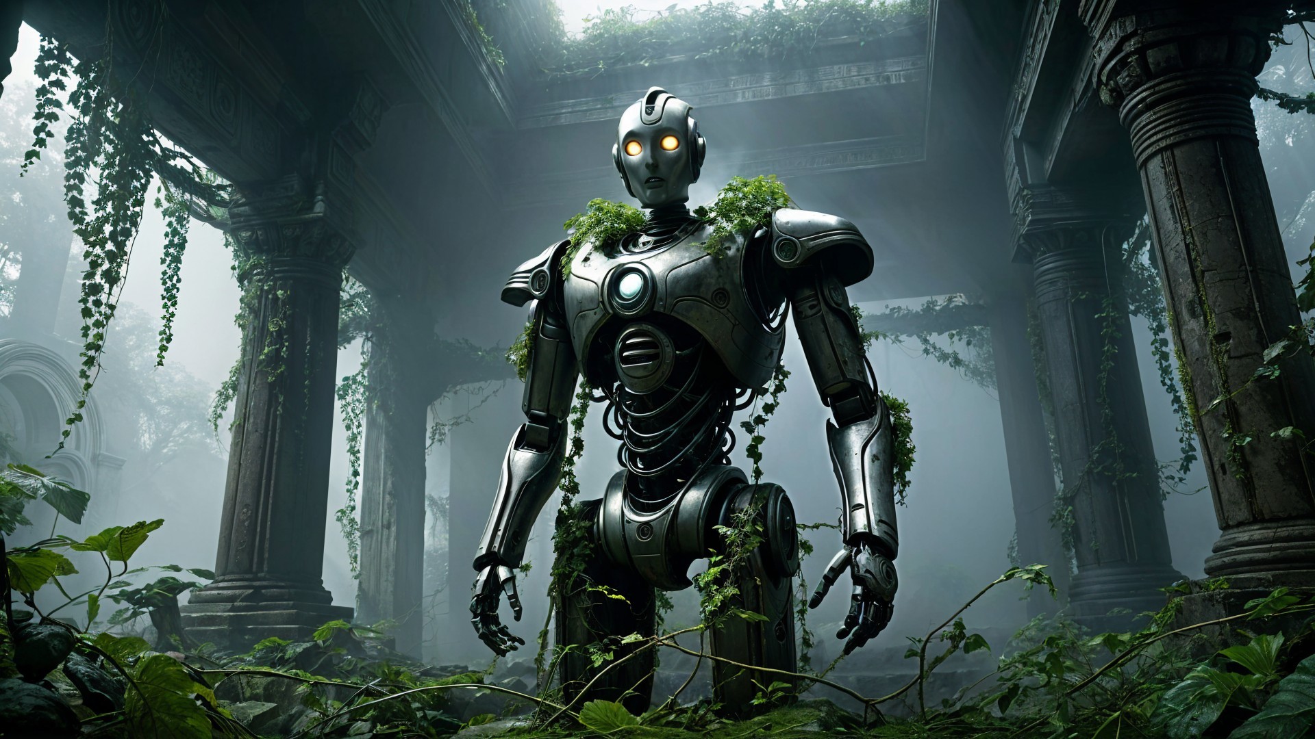 Humanoid Robot in Overgrown Ancient Ruins