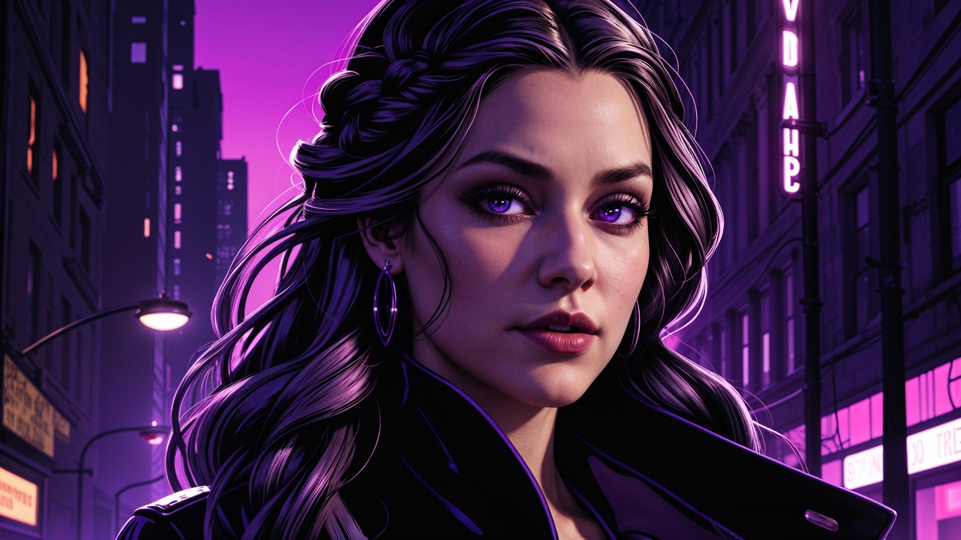 Portrait of a Woman with Long Hair in Neon City Lights