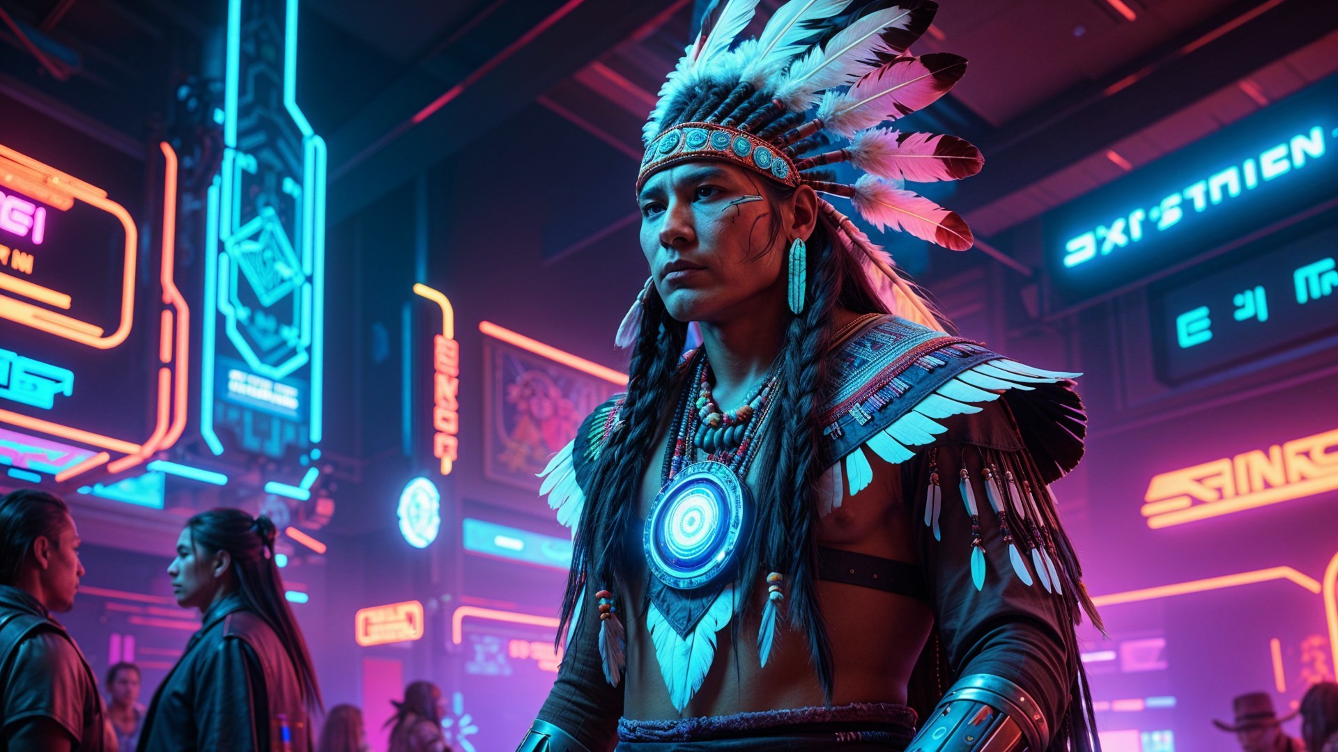 Native American Man in Futuristic Cyberpunk Setting