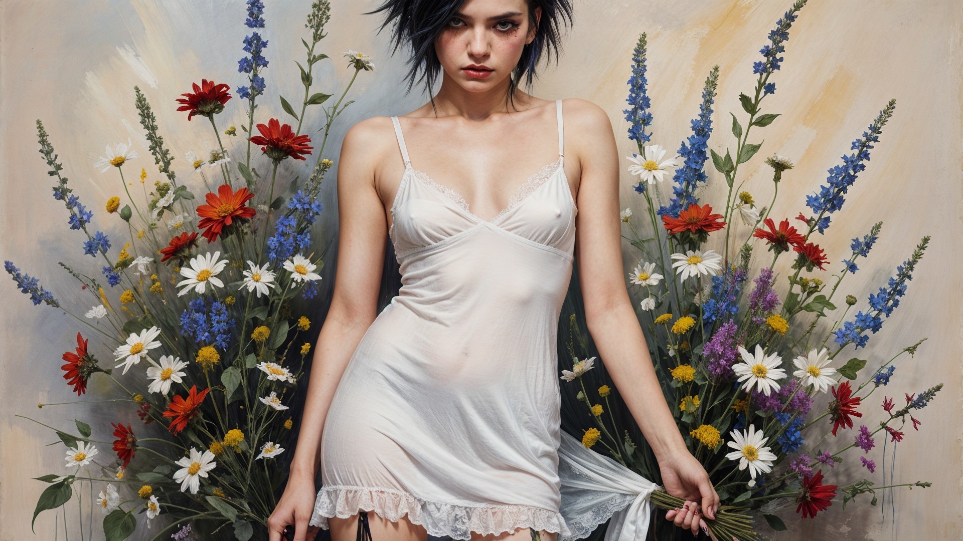 Young Woman in White Dress Amidst Colorful Wildflowers