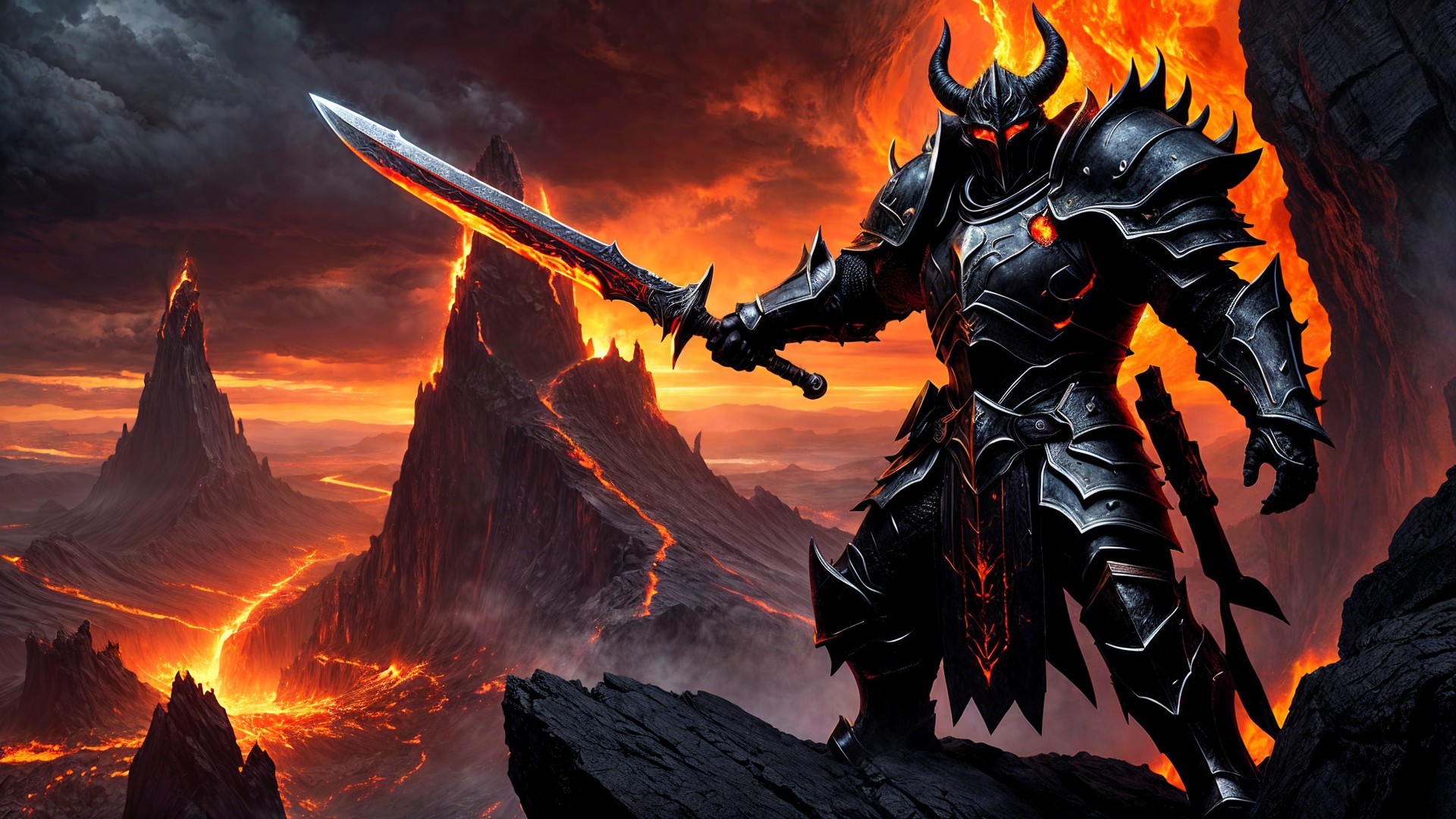 Warrior in Black Armor Against Lava Landscape