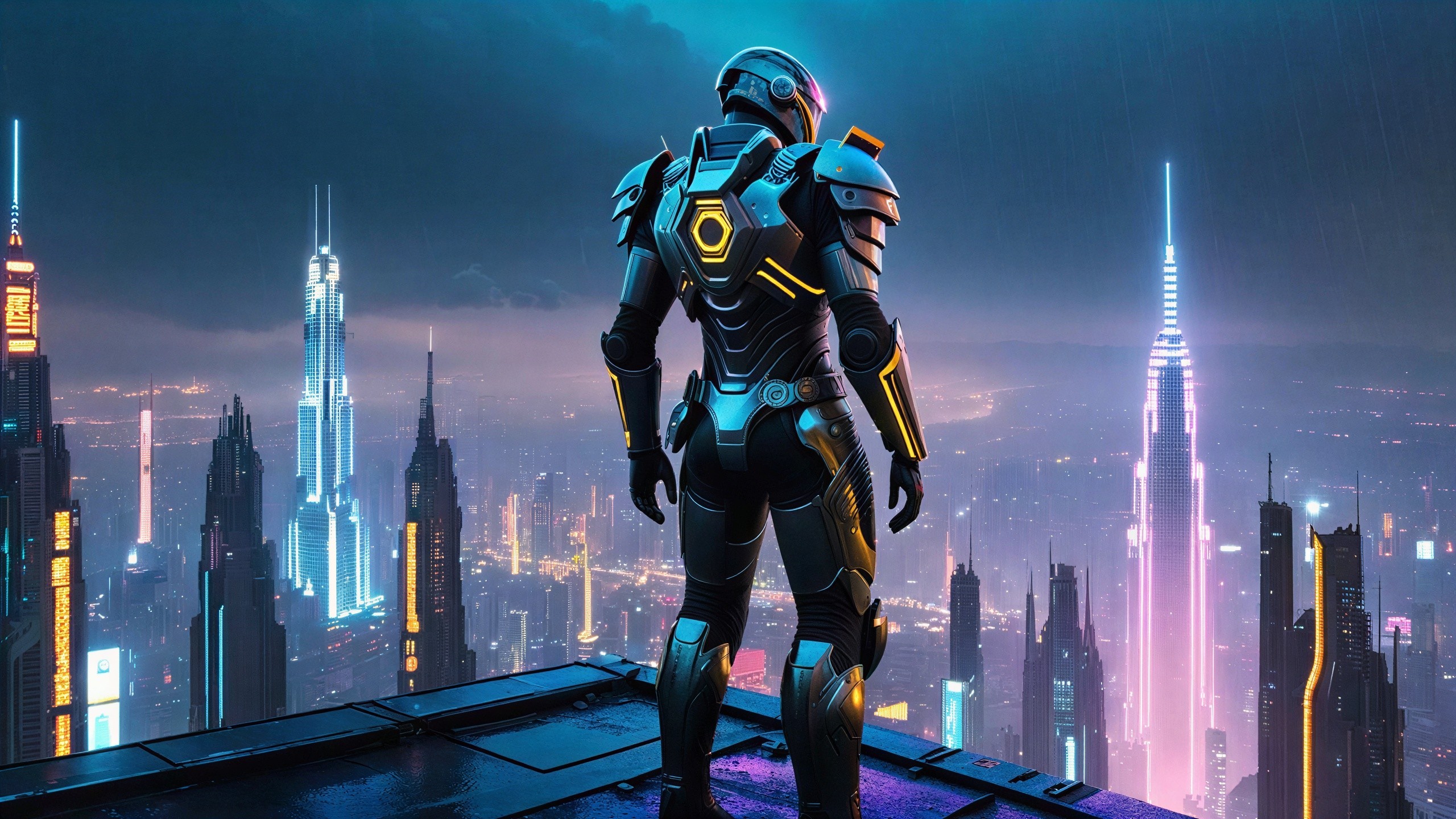 Futuristic Cyborg Overlooking Neon Cityscape at Night