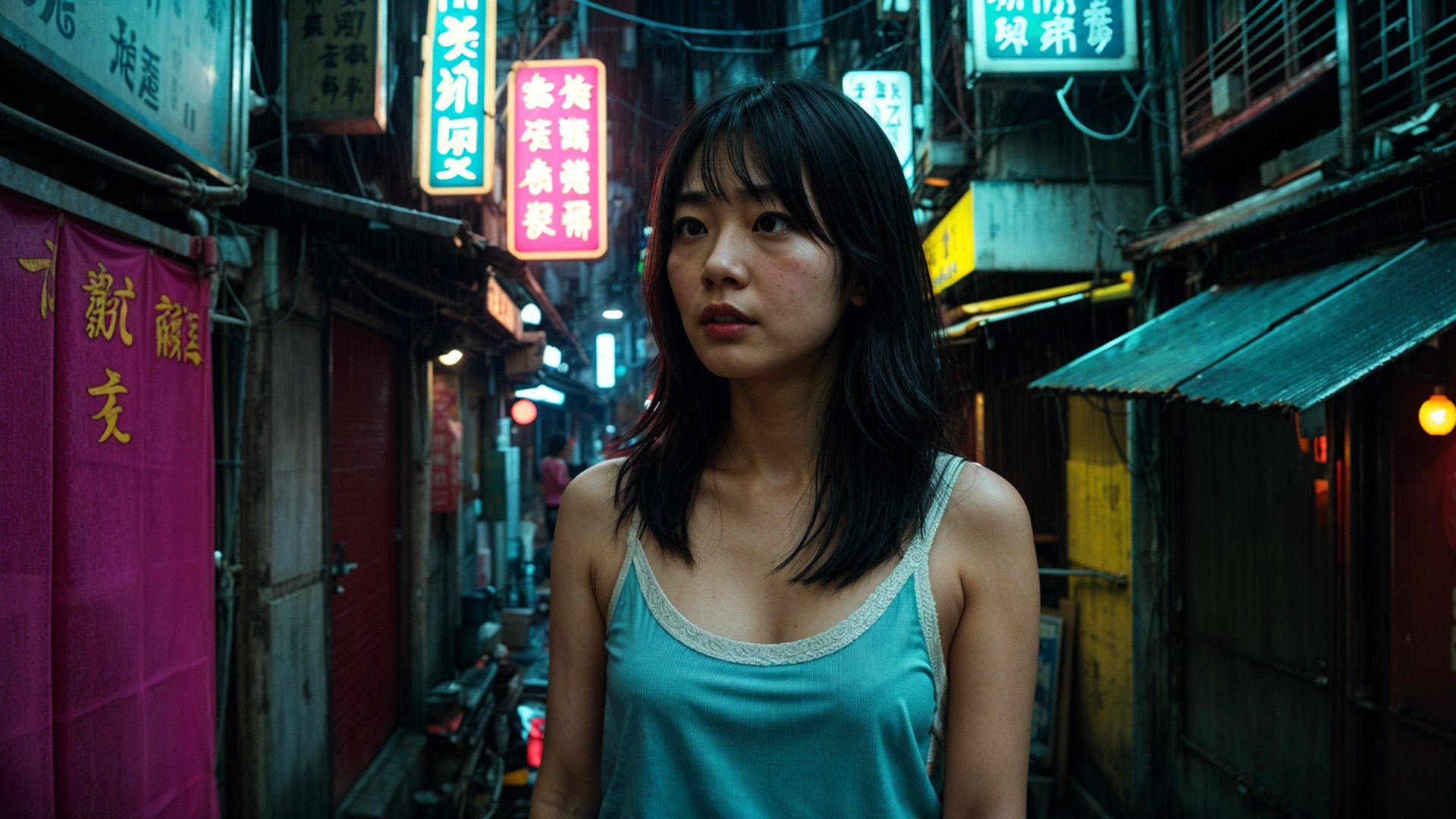 Young Woman in Neon-Lit Alley with Thoughtful Expression