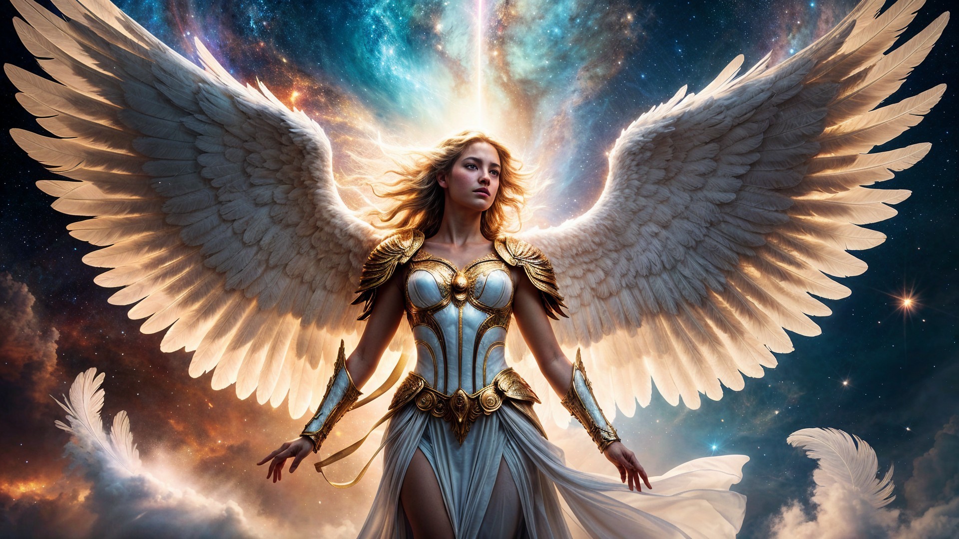 Celestial Figure in Golden Armor Against Cosmic Backdrop