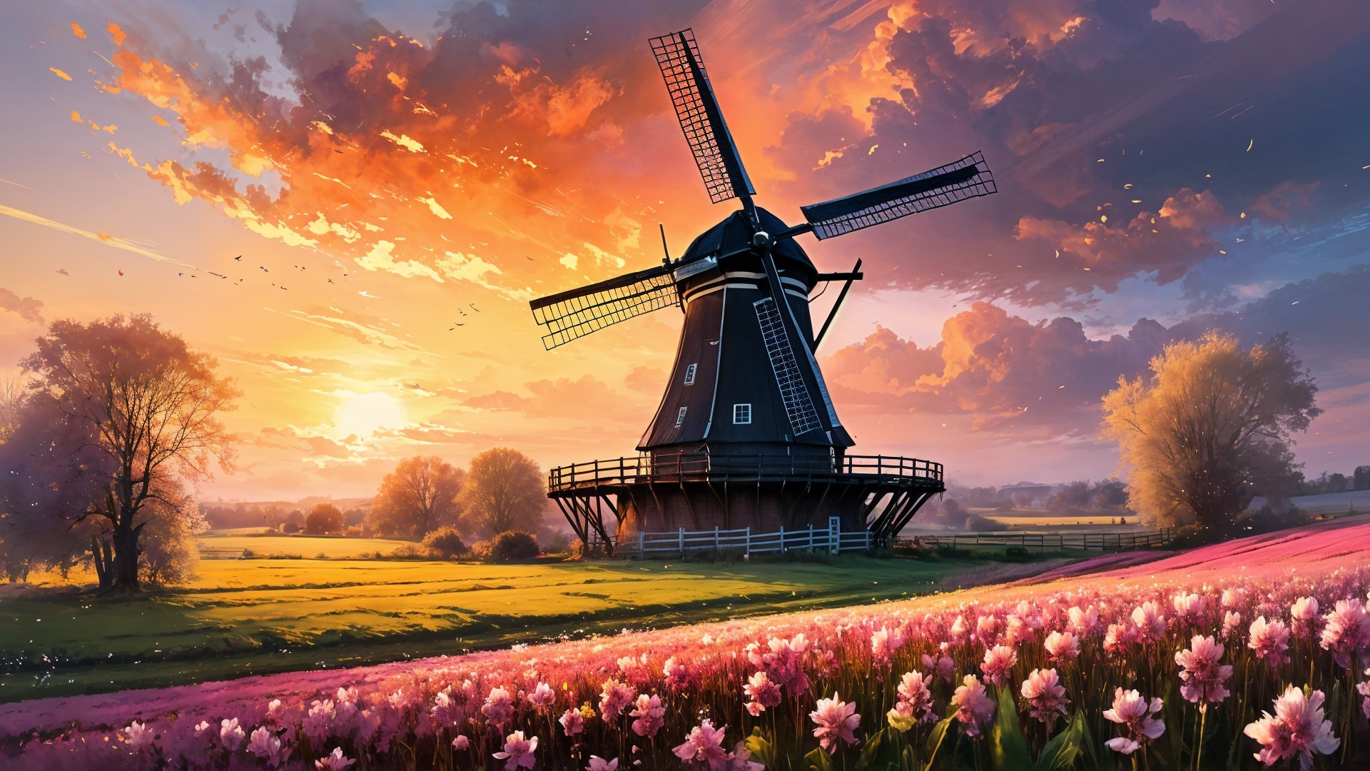 Classic Windmill Landscape at Vibrant Sunset Sky