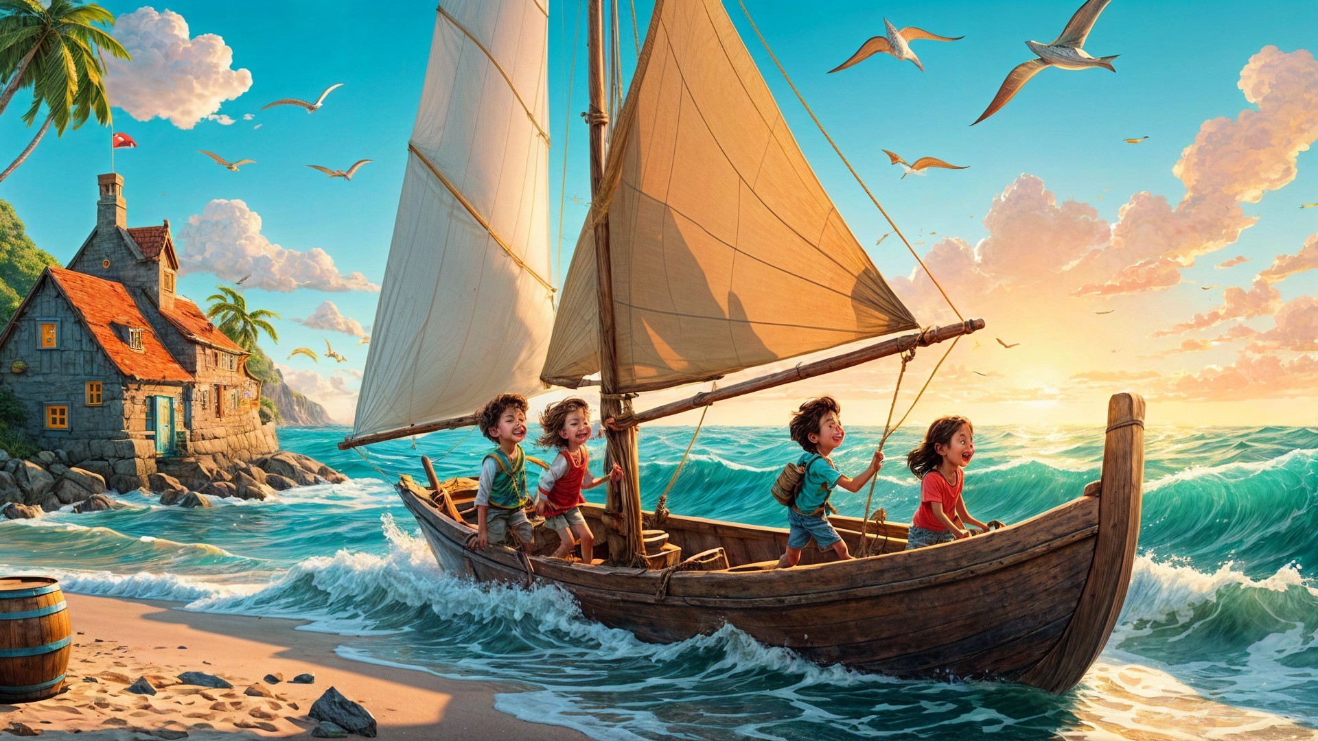 Children Sailing on Turquoise Waves at Sunrise