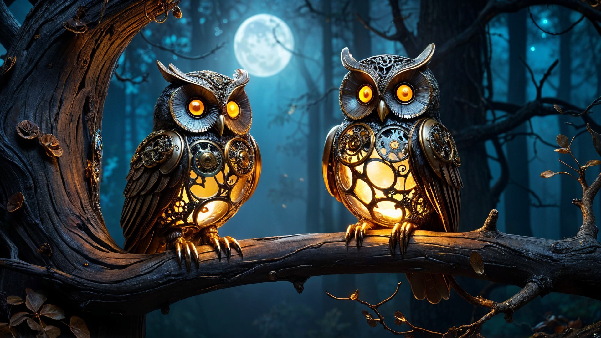 Mechanical Owls in a Mystical Forest Under Moonlight