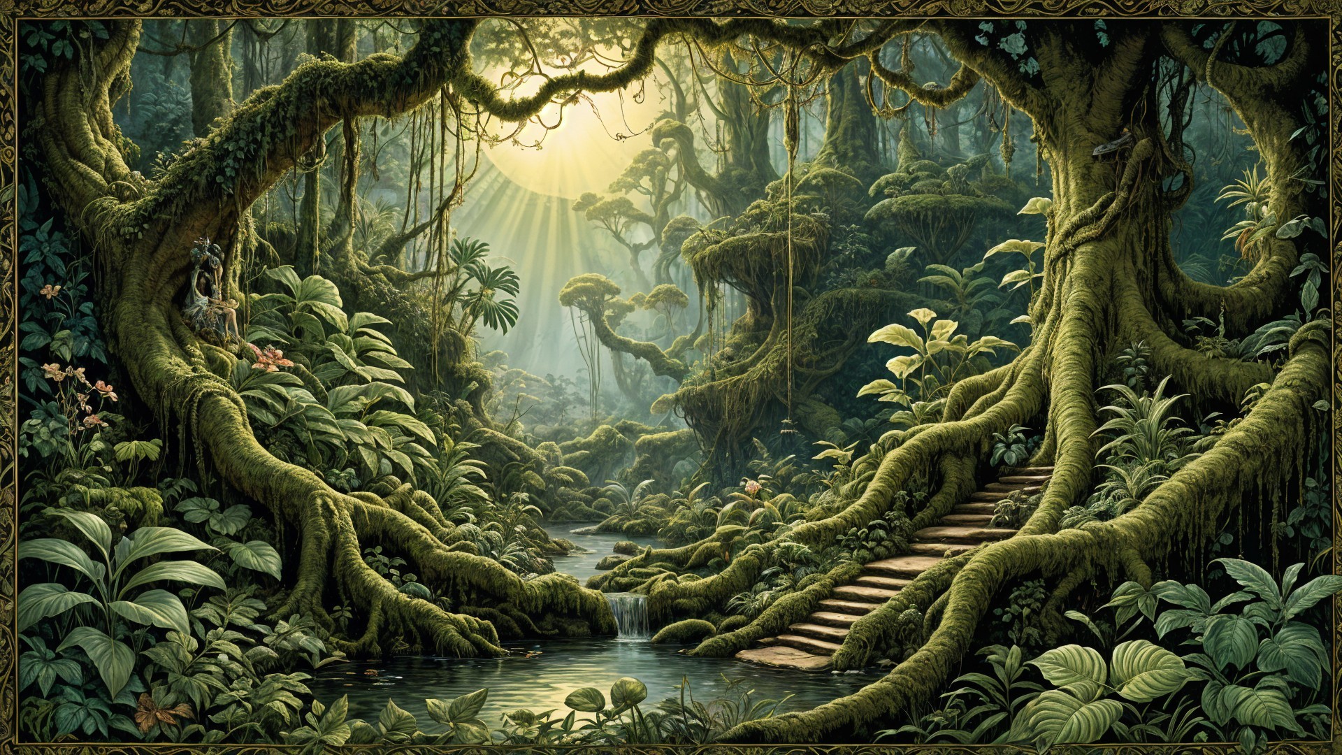 Lush Forest Scene with Stream and Towering Trees