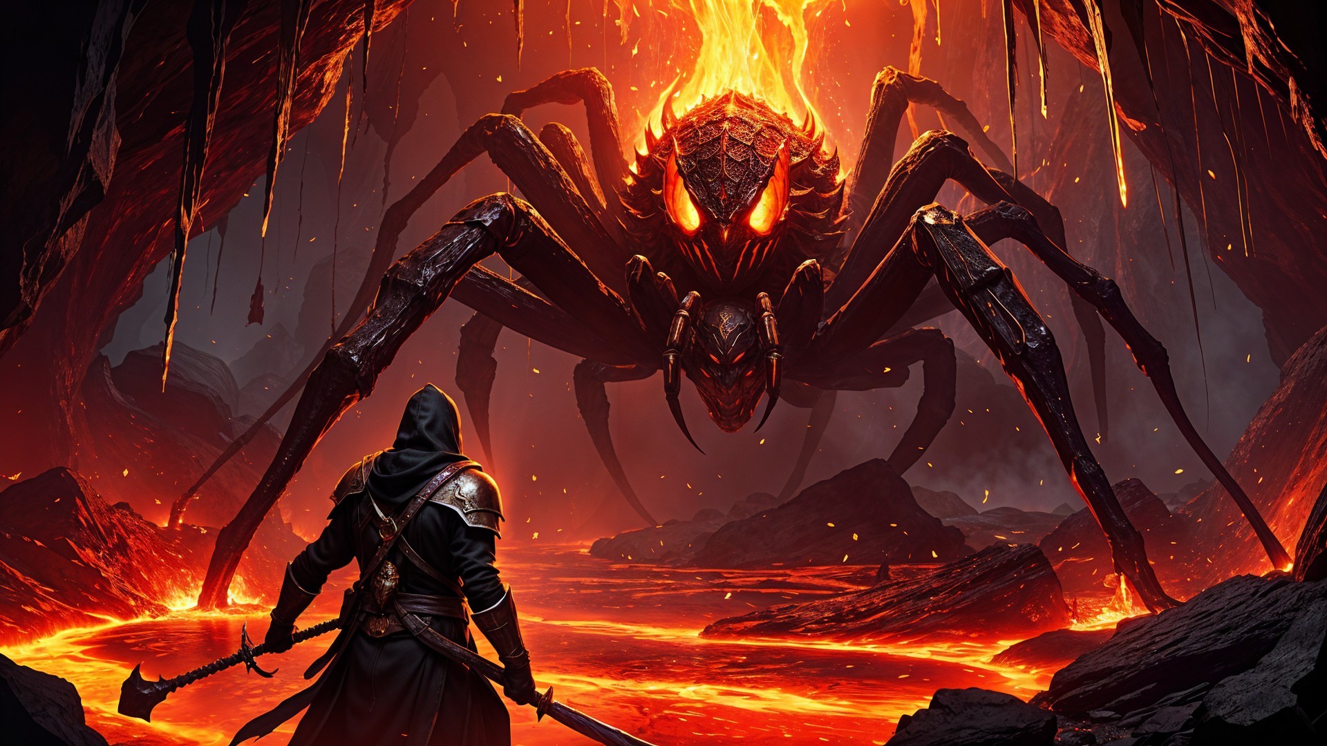Giant Spider in Lava Cave with Cloaked Figure and Axe