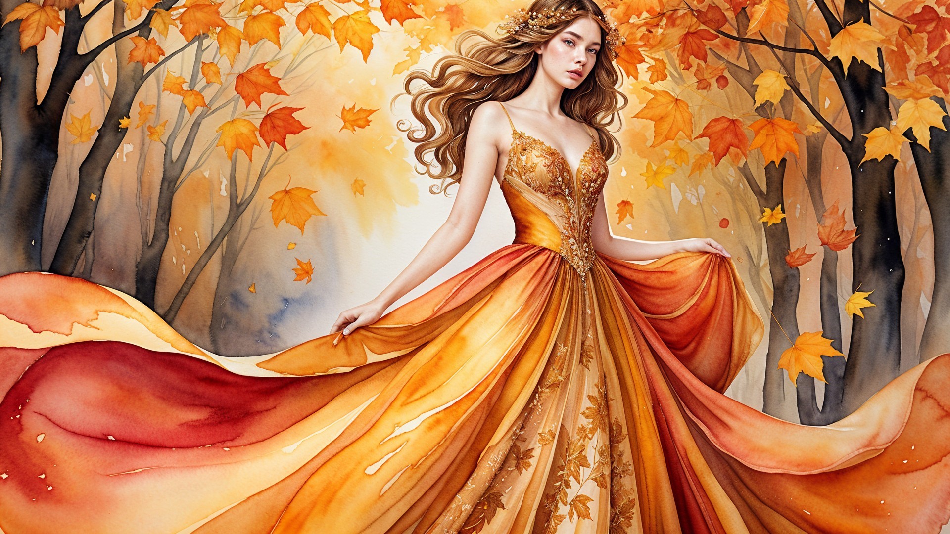 Autumn Forest Scene with Woman in Flowing Gown