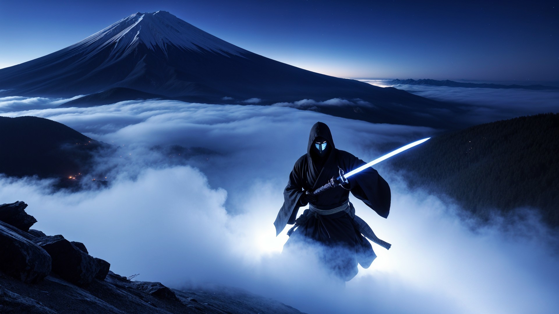 Mysterious Figure with Glowing Sword at Mount Fuji