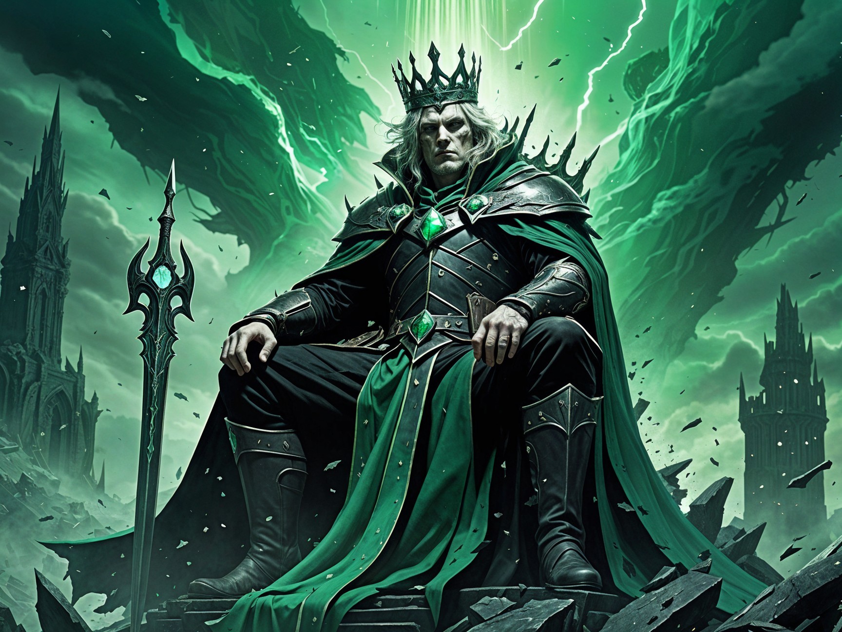Powerful Figure on Jagged Throne in Dark Green Robes