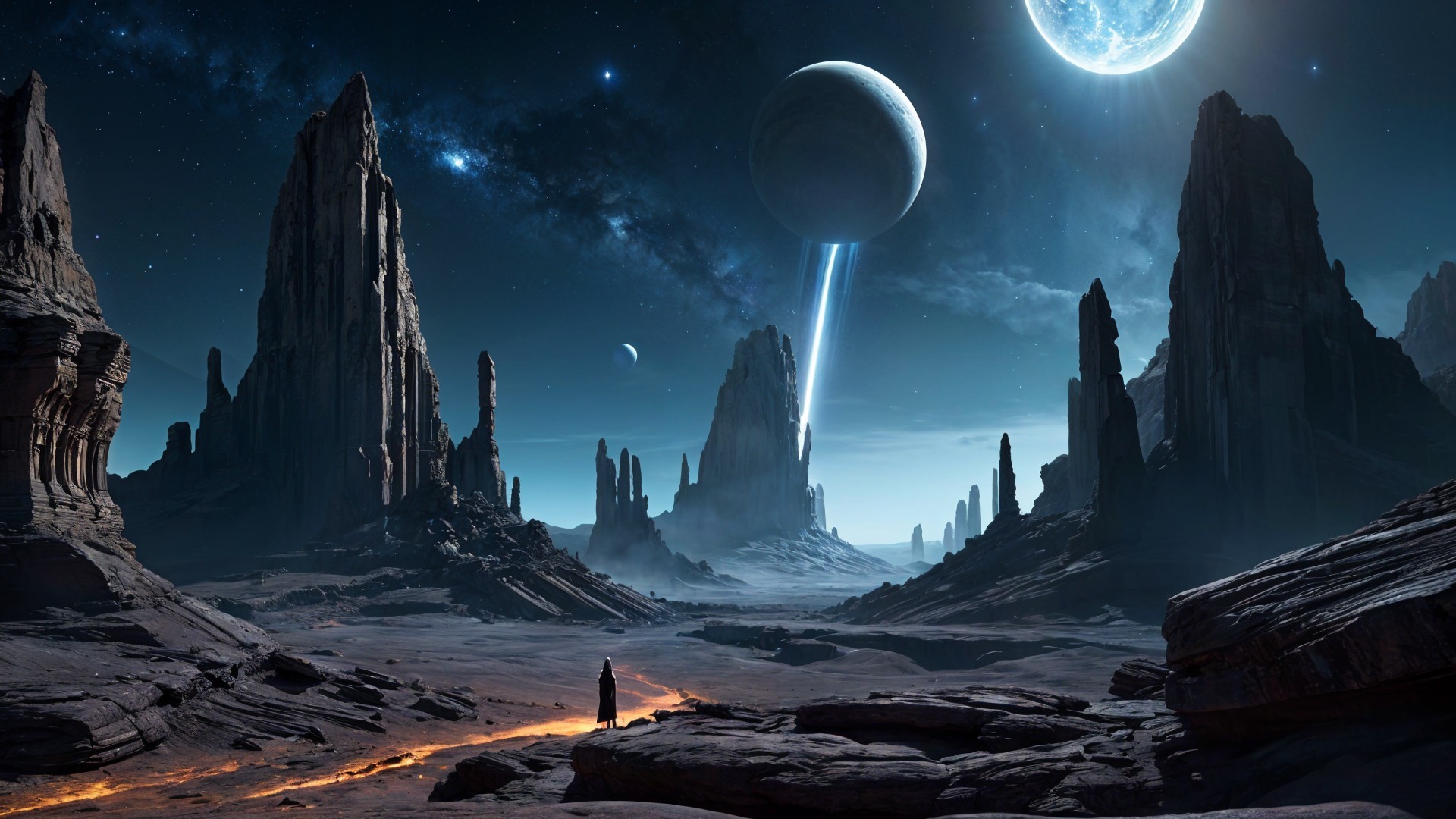 Alien Landscape with Rock Formations and Gas Giant