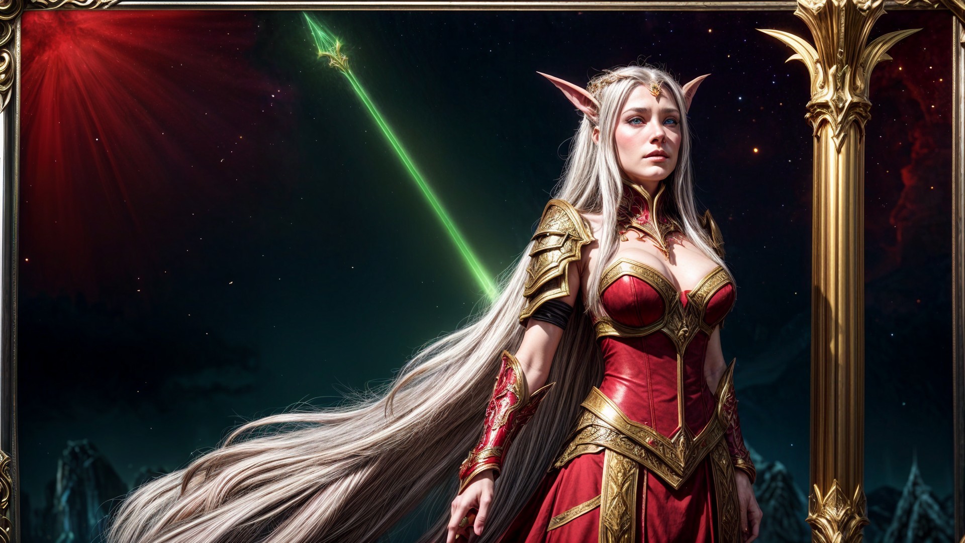 Fantasy Character in Red Armor Against Cosmic Backdrop