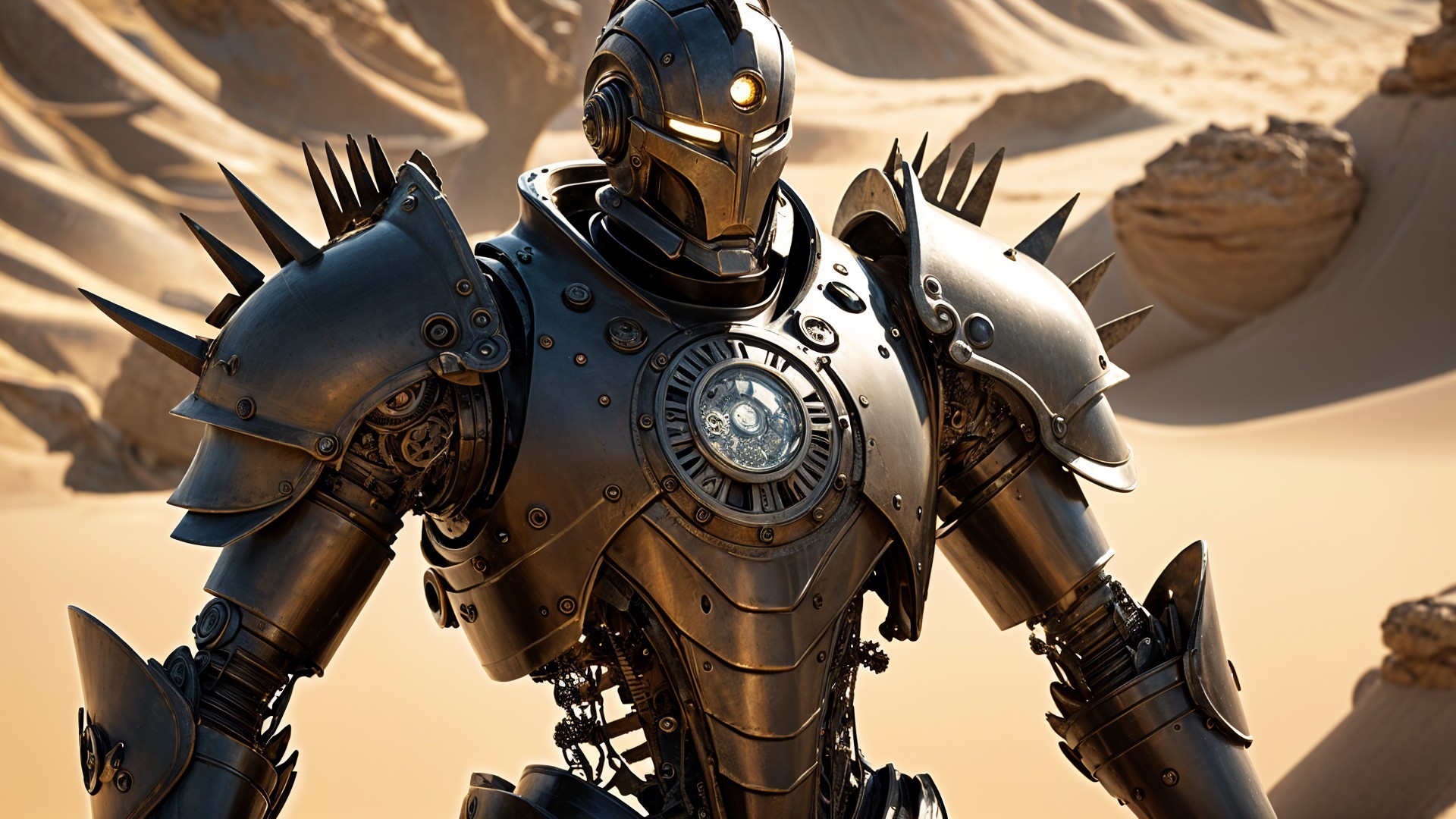 Towering Robot in Vast Desert Landscape with Gears