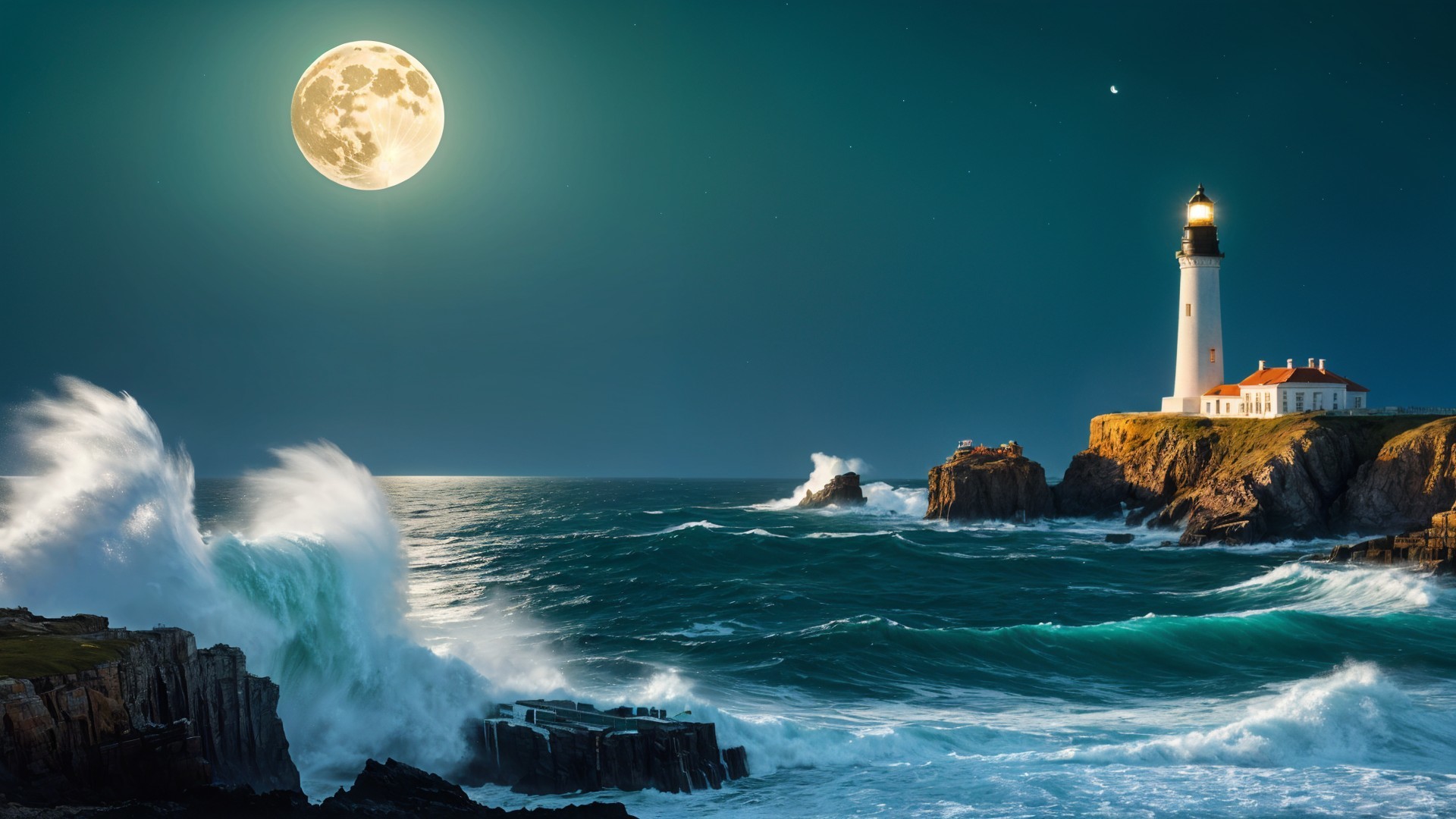 Lighthouse on Cliff with Moonlit Coastal Landscape