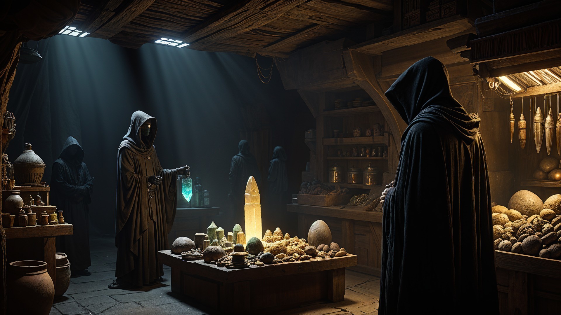 Cloaked Figures in Rustic Chamber with Mystical Artifacts