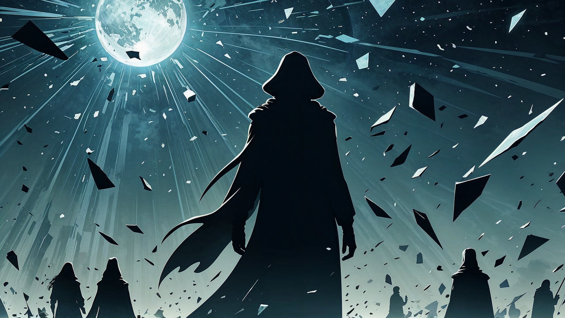 Shadowy Figures in Cloaks Under a Luminous Moon