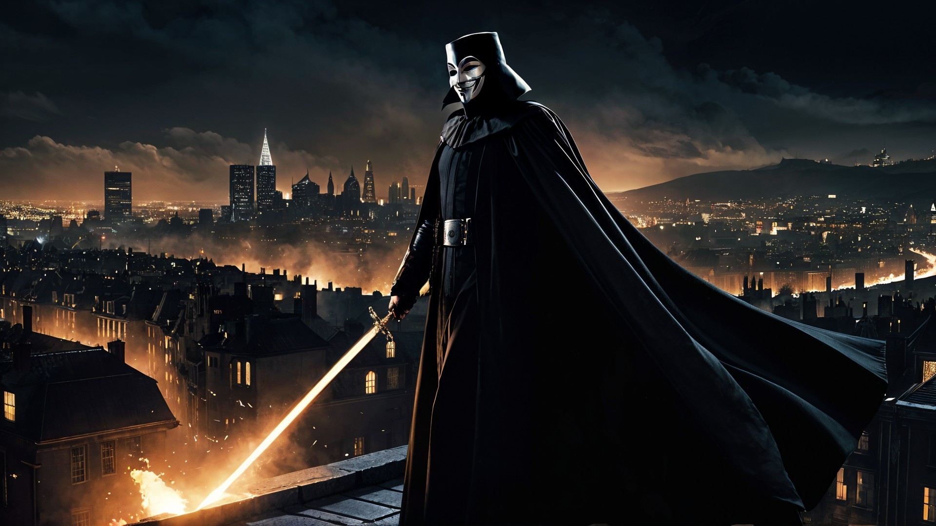 Cloaked Figure with Glowing Sword on Rooftop at Night