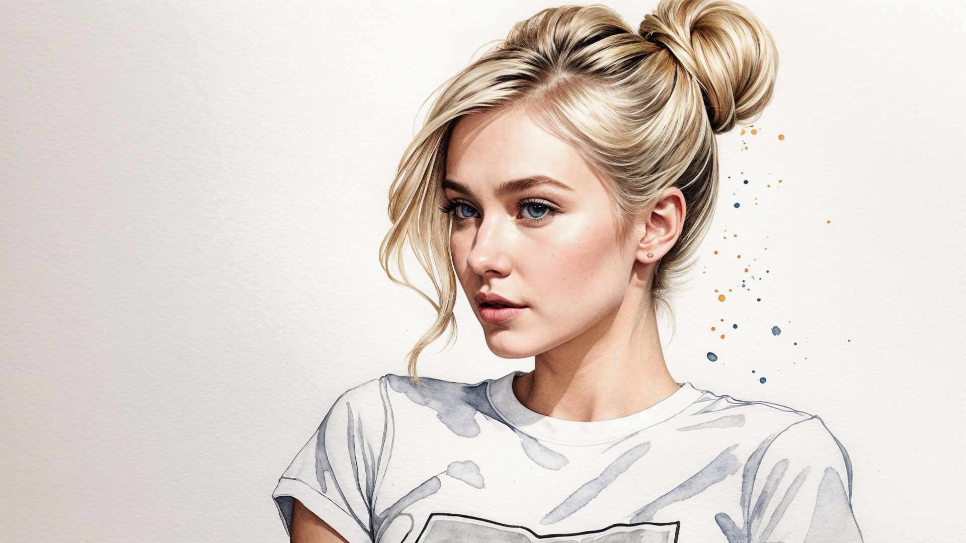 Blonde Woman in Casual T-Shirt with Watercolor Background