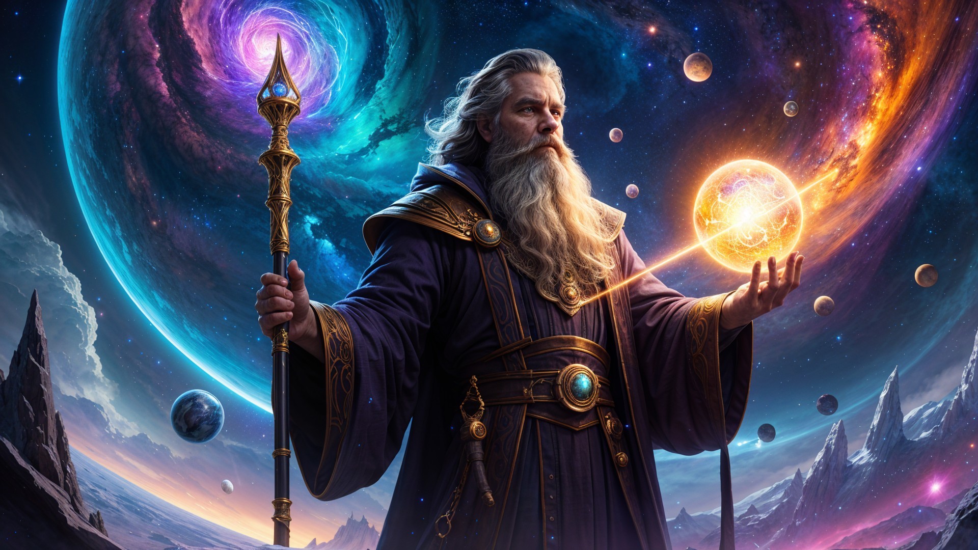 Bearded wizard in cosmic landscape with glowing orb