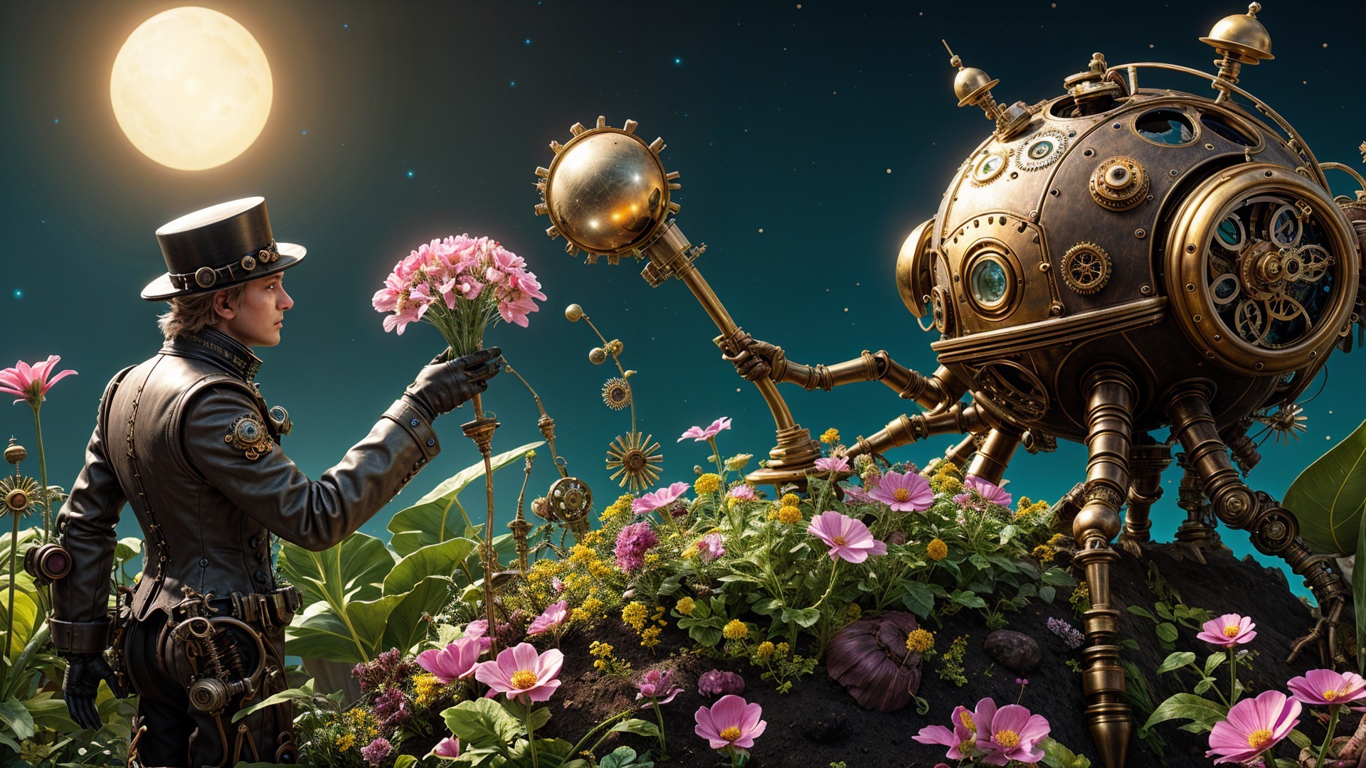 Whimsical Steampunk Landscape with Robot and Flowers