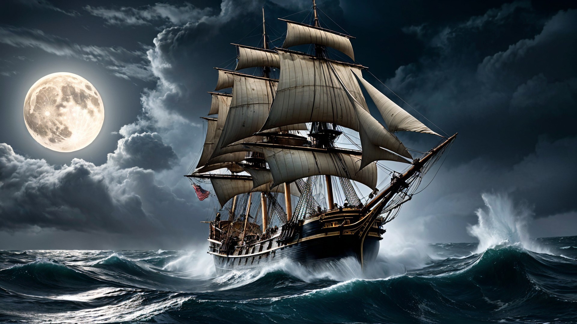 Tall Ship Sailing Through Ocean Waves Under Full Moon